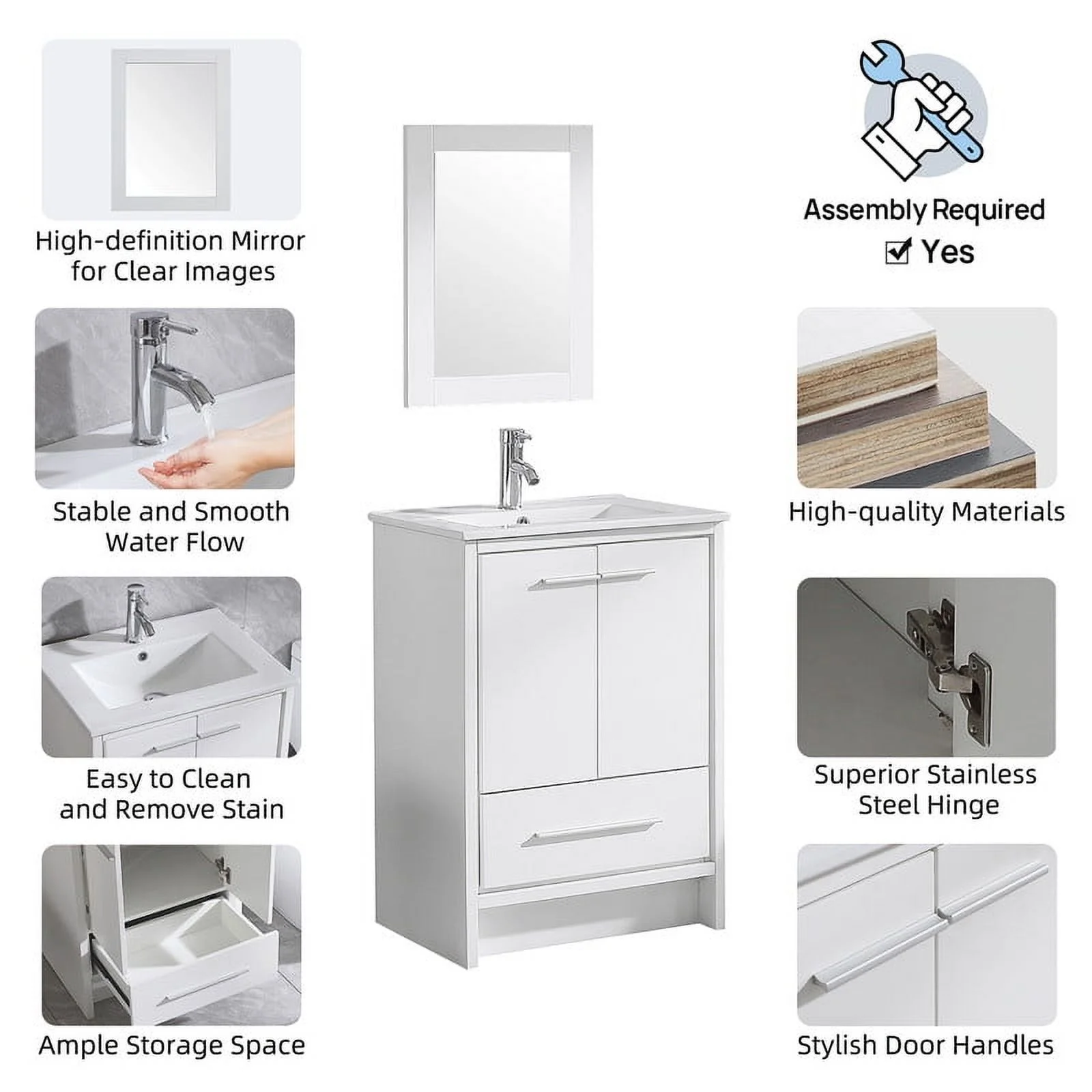 24" Luxurious Bathroom Vanity with Ceramic Sink and Countertop and Mirror and Faucet,Double Door Stand Floor Cabinet Bathroom Storage Vanity with Pop Up Drain,White(2 Doors1 Drawers) - Image 6