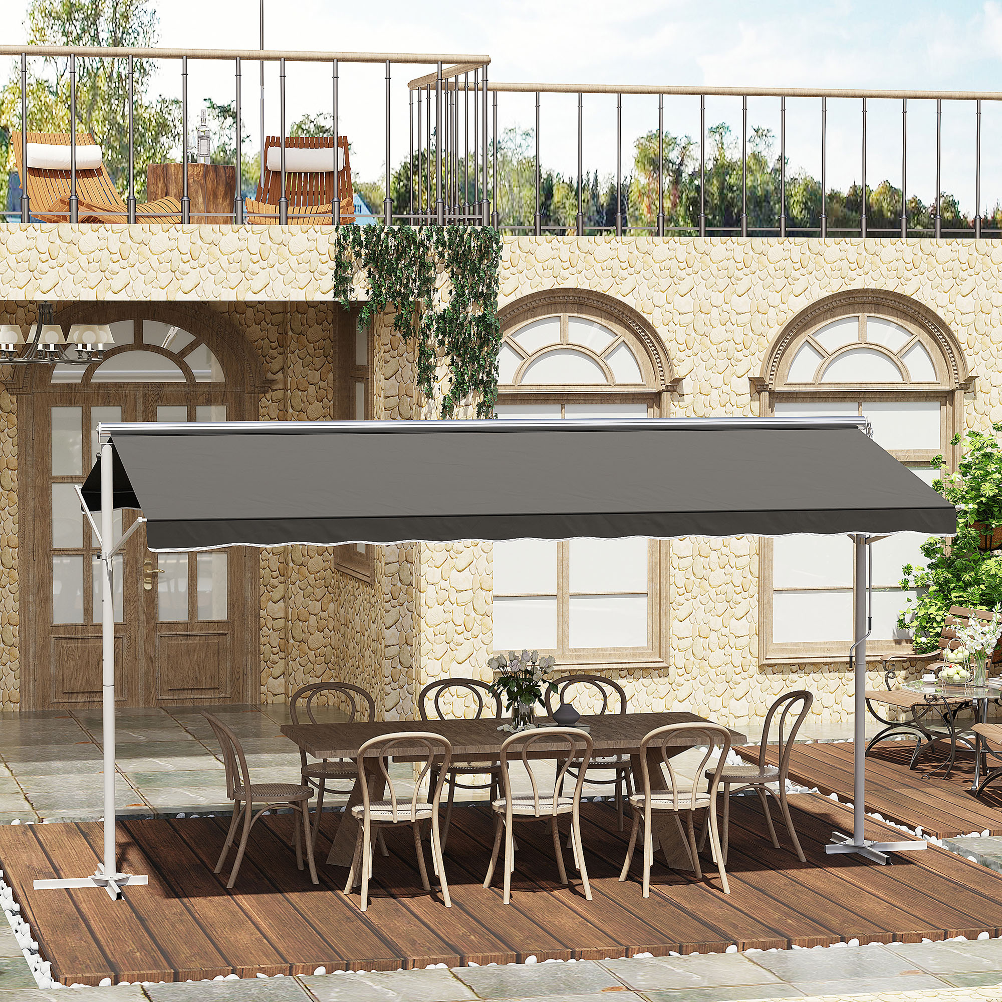 Outsunny Staande luifel met knikarm tuinluifel luifel zwengel grijs 4,5 x 3,42 m