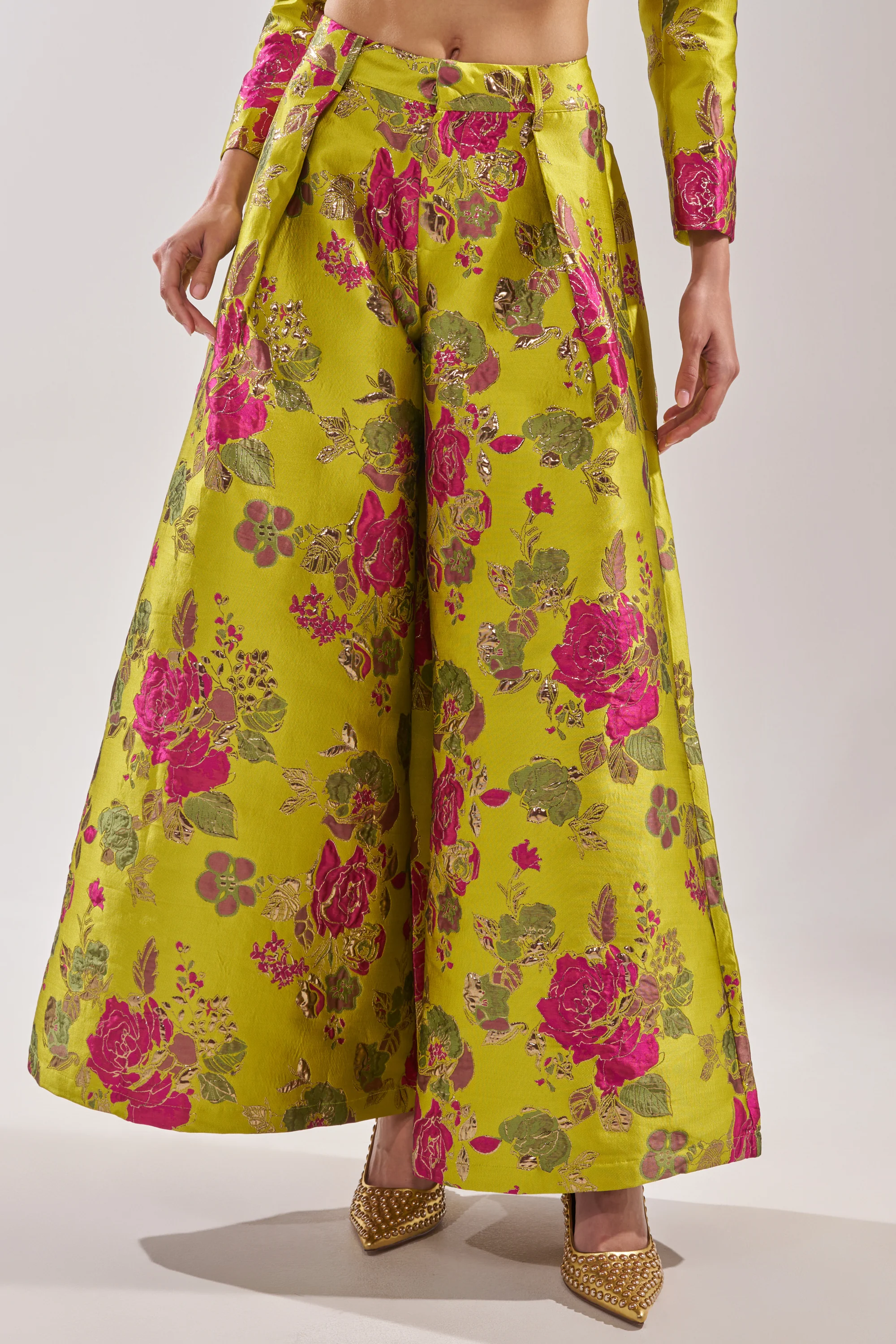 BUY MYSELF FLOWERS BROCADE TROUSER IN LIME - Akira Store