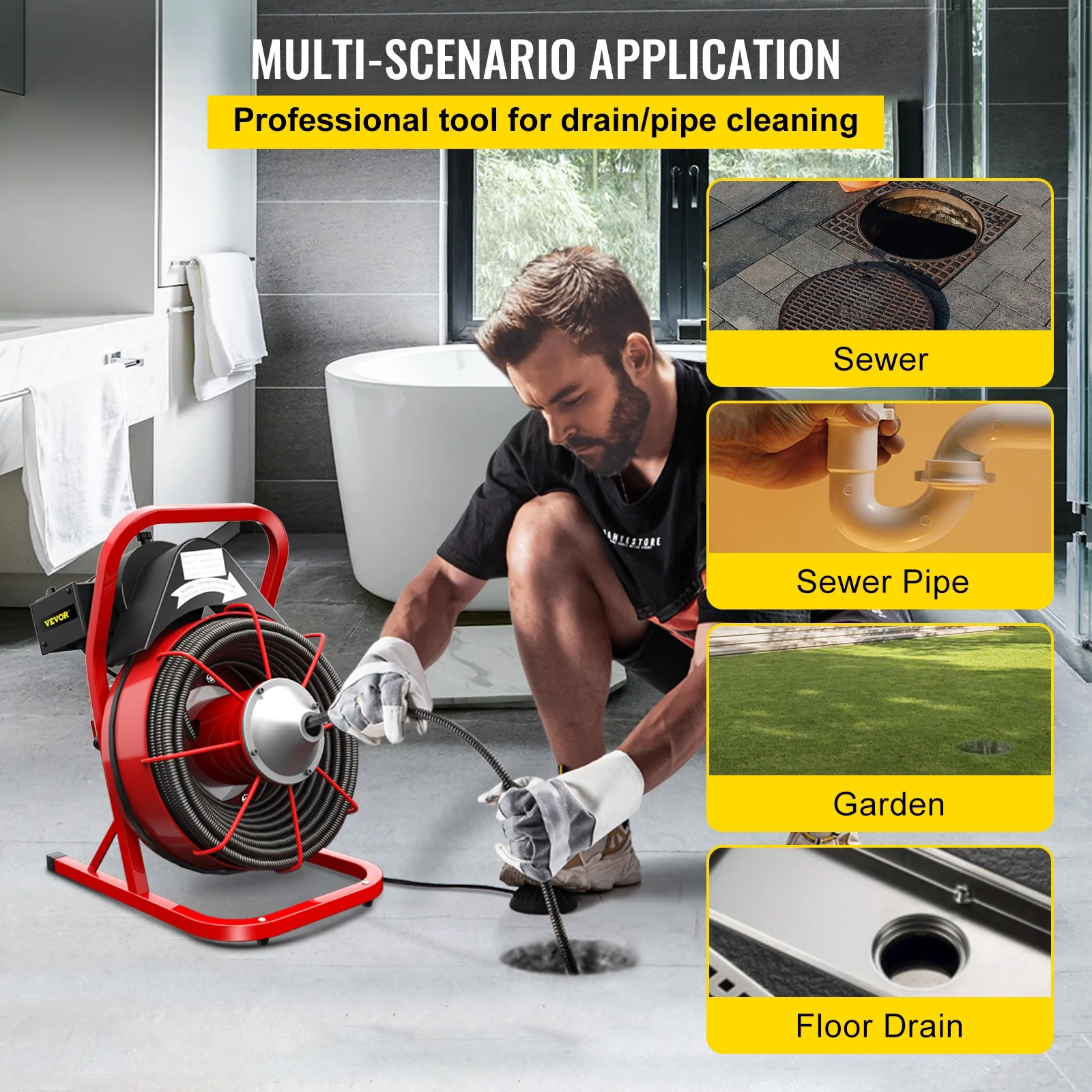 Drain Cleaning Machine 75ft x 3/8 in Drain Cleaner Machines 250W Electric Drain Auger for 1" to 4" Pipes Electric Drain Snake Sewer Snake Drill w/ Cutters Glove(75ft x 3/8") - Image 2