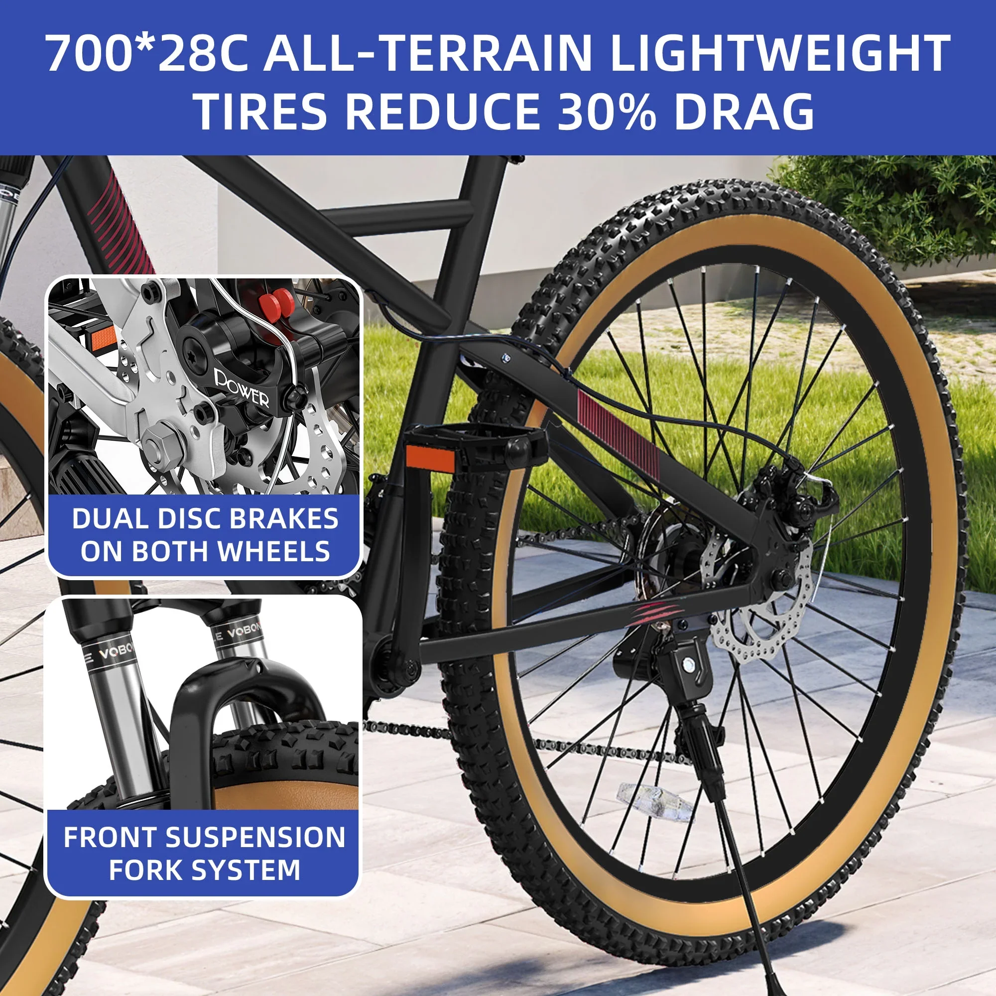 ModFusion 26-Inch Aluminum Alloy Mountain Bike, 21-Speed, Disc Brakes, Black with Brown Tires, 85% Assembled