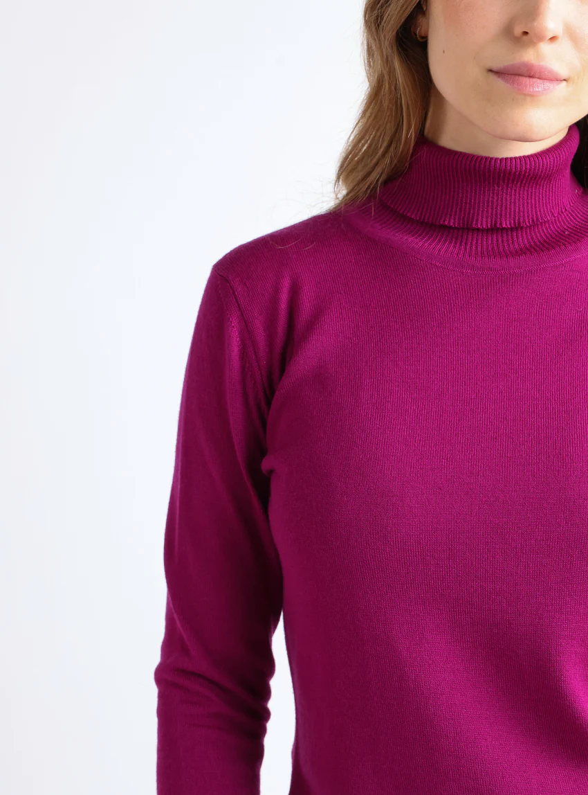 Pull femme col roulé en laine mérinos violet améthyste