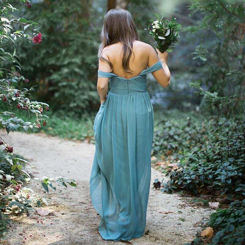 A-Line Off-the-Shoulder Sky Blue Chiffon Long Bridesmaid Dresses DMG60