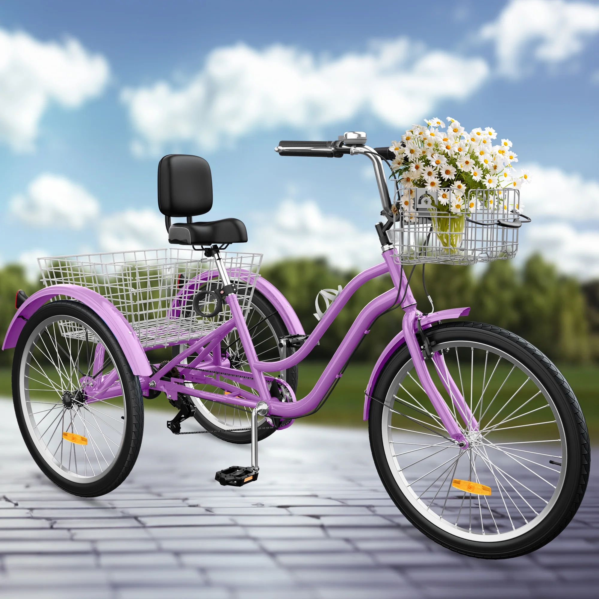 24 Inch 3-Wheel Bike, Single Speed Adult Trike, Low Step-Through Cruiser with Front Rear Baskets, Large Adjustable Seat with Backrest for Seniors, Men, and Women (Purple)(24"1 Speed/Purple) - Image 4