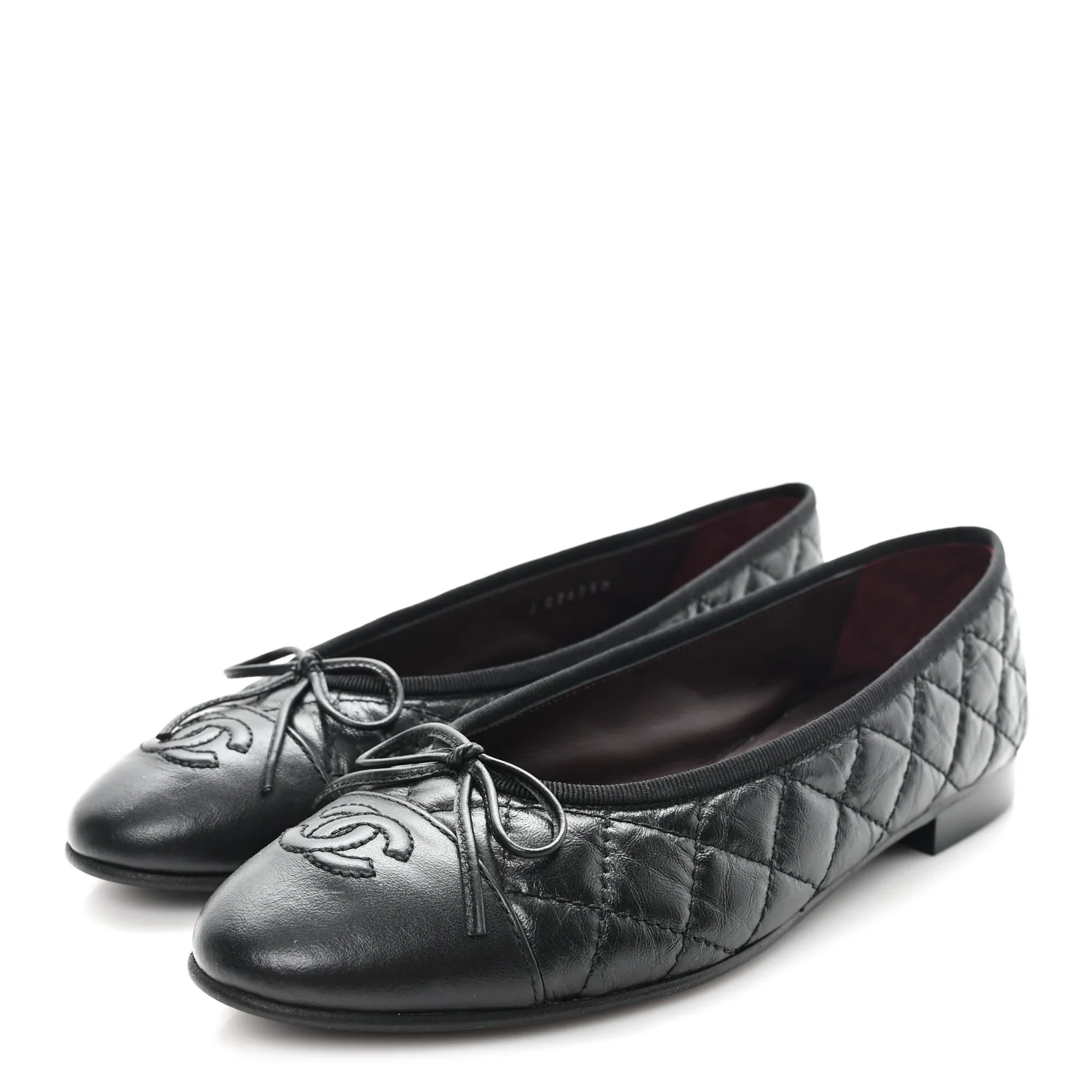Aged Calfskin Quilted CC Cap Toe Ballerina Flats 37.5 Black