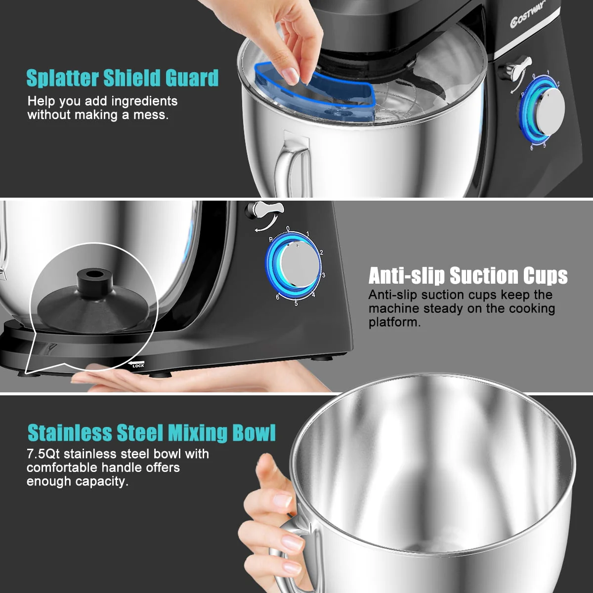 Costway Tilt - Head Stand Mixer 7.5 Qt 6 Speed 660W with Dough Hook, Whisk & Beater Black