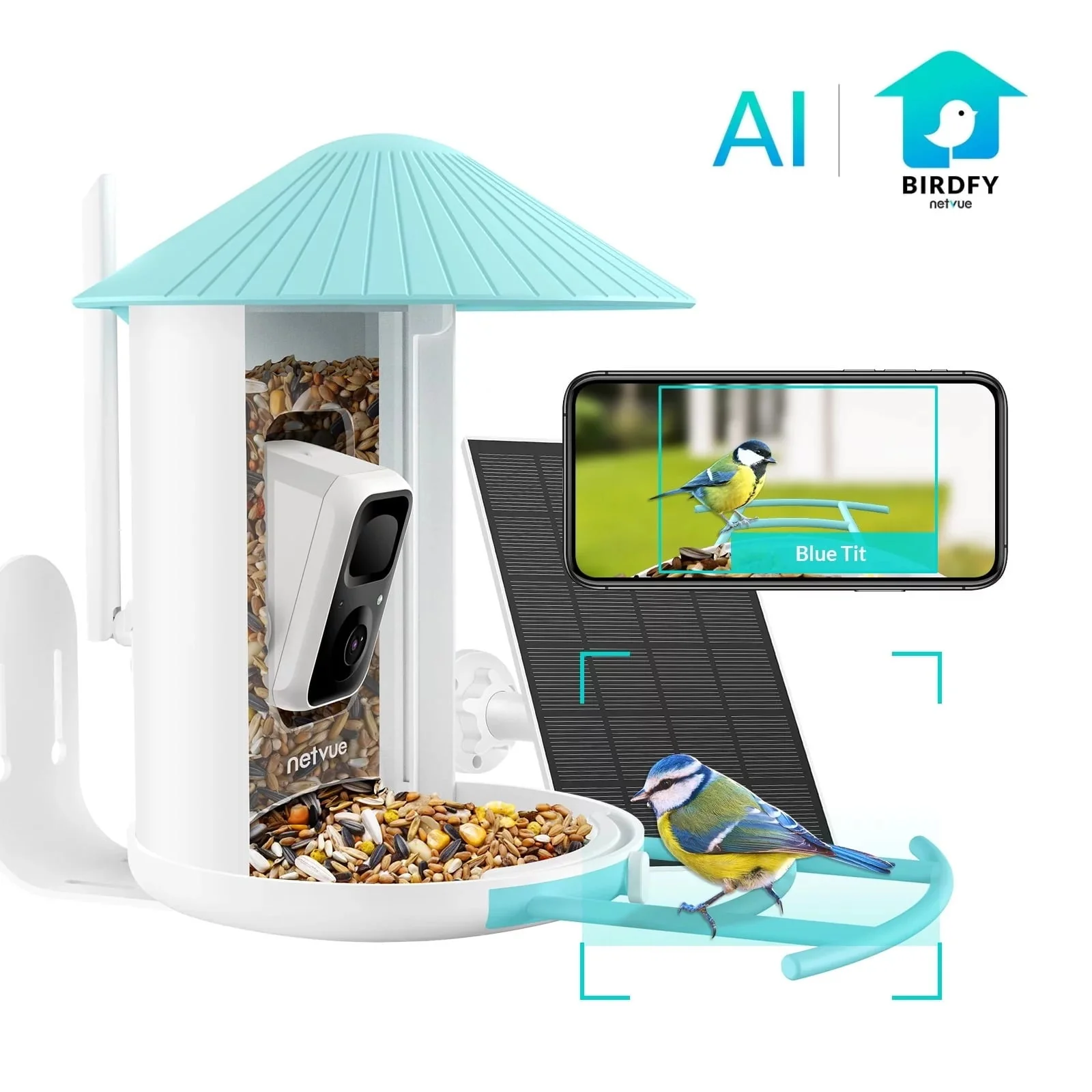 Bird Feeder with Camera, Netvue Birdfy Smart Bird Feeder with AI Identify 6000+ Bird Species Phone App Night Vision for Bird Watching, Gifts for Parents, Blue (Birdfy AI+Solar)(Birdfy AI with Solar)