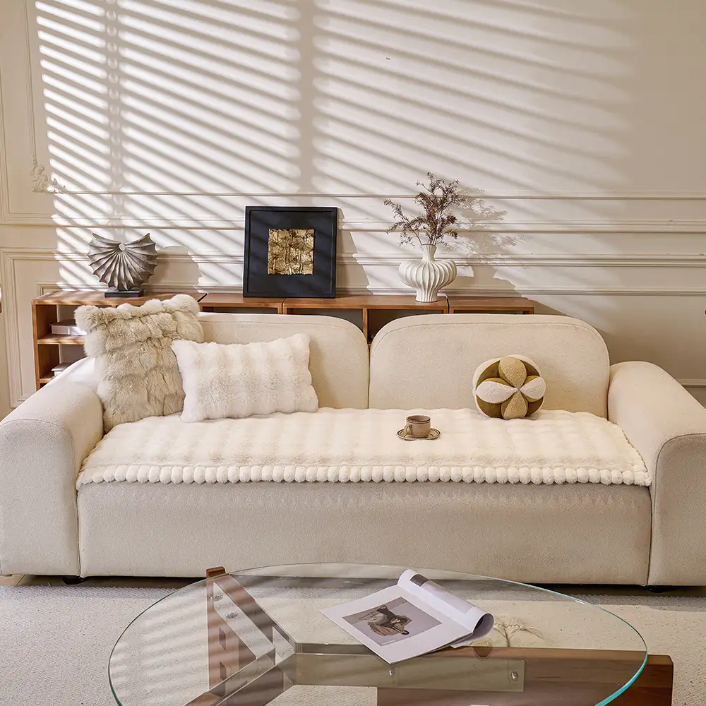 Soft Faux Rabbit Plush Thick Skin-Friendly Non-Slip Couch Cover
