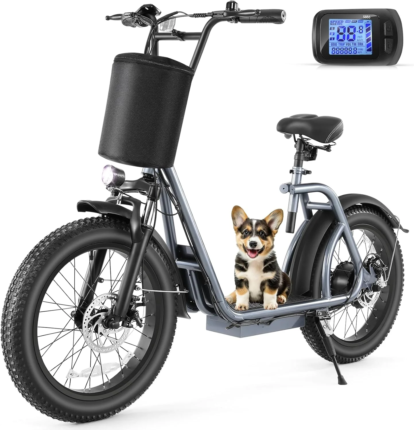 Trottinette électrique pliable Caroma Peak 800W pour adultes, avec pneus de 20 pouces de large, batterie 48V, panier et siège réglable.
