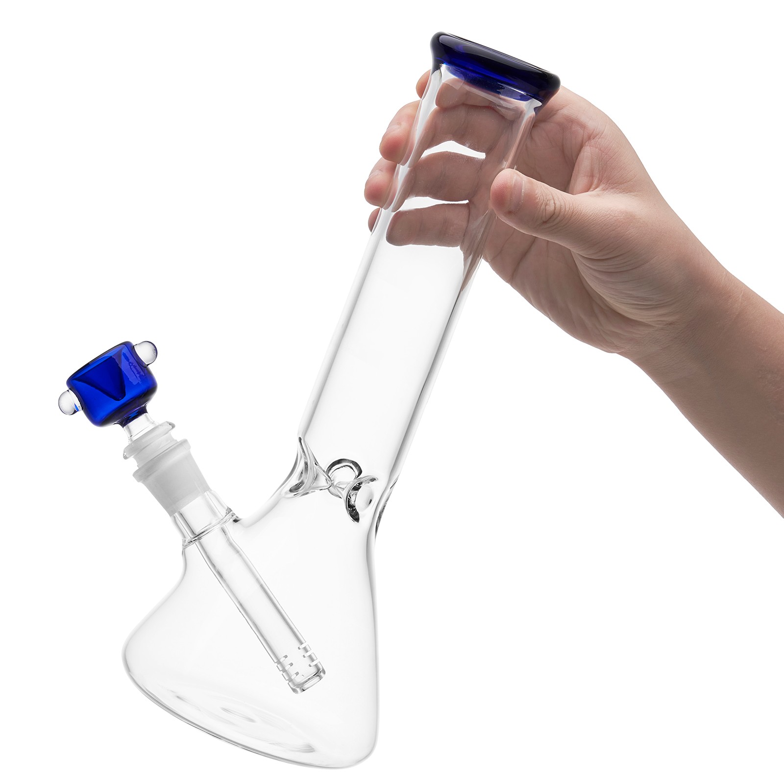 Blue beaker glass bong held upside down showing the 14mm bowl and downstem