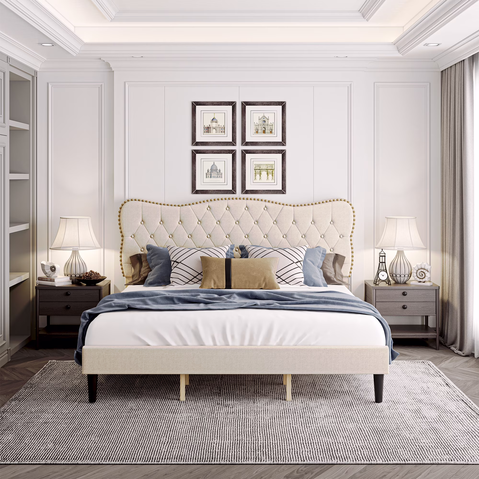 King Size Bed Frame Upholstered Platform, Bed Frame with Square Velvet Headboard, Wooden Slats Support, Non-Slip and Noise-Free, No Box Spring Needed, Easy Assembly(Light Gray)(King/Light Gray) - Image 3