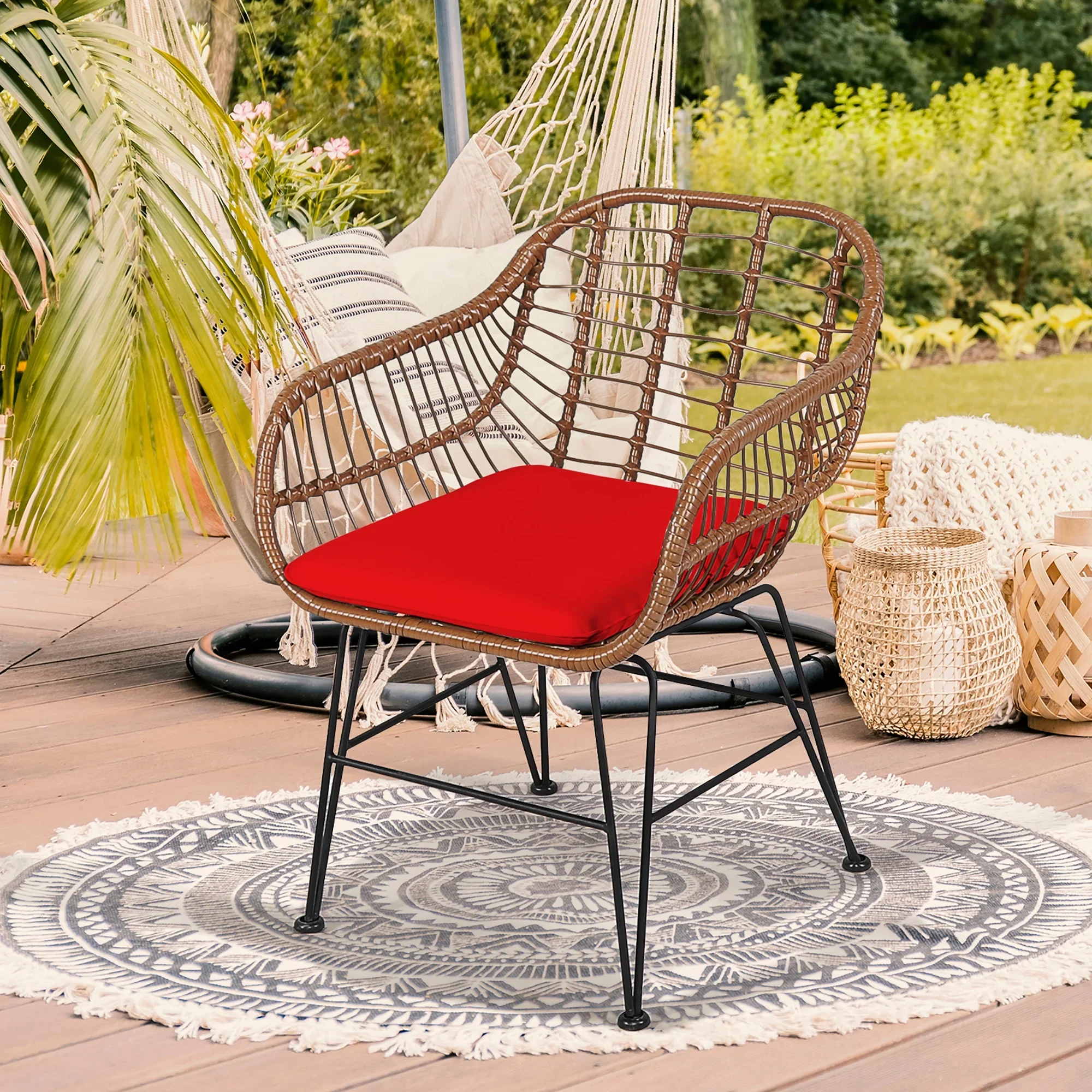 Costway 3PCS Patio Rattan Bistro Set Coffee Table Armchair Garden Red Cushion