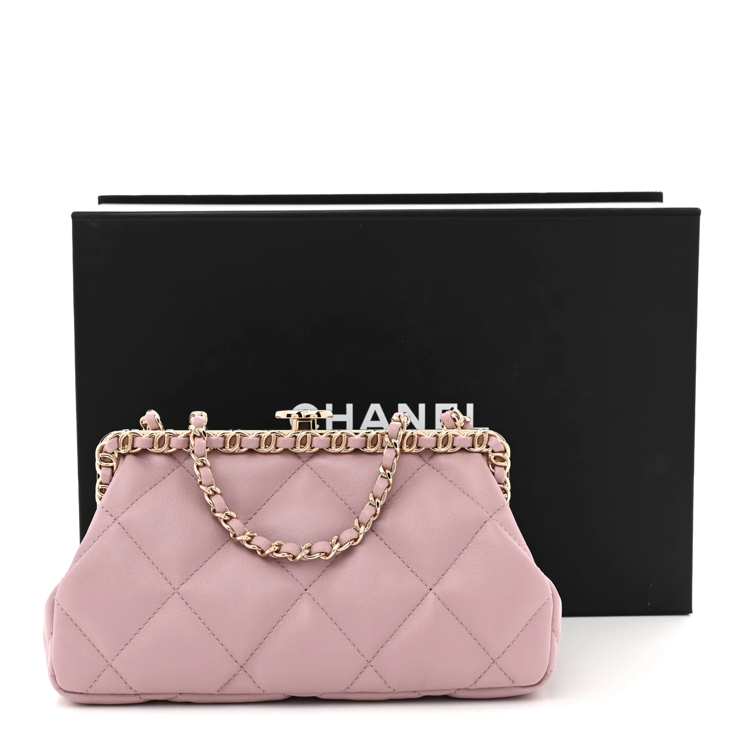Lambskin Quilted Chain Frame Clutch Pink
