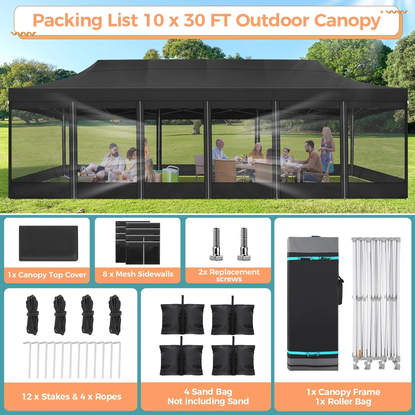 SANOPY 10x30 FT Pop Up Canopy with Removable 8 Piece Mesh Sidewalls, Outdoor Mosquito Resistant Garden Canopy, Large Waterproof Timely Party Tent with 4 Sandbags & Roller Bag, Black