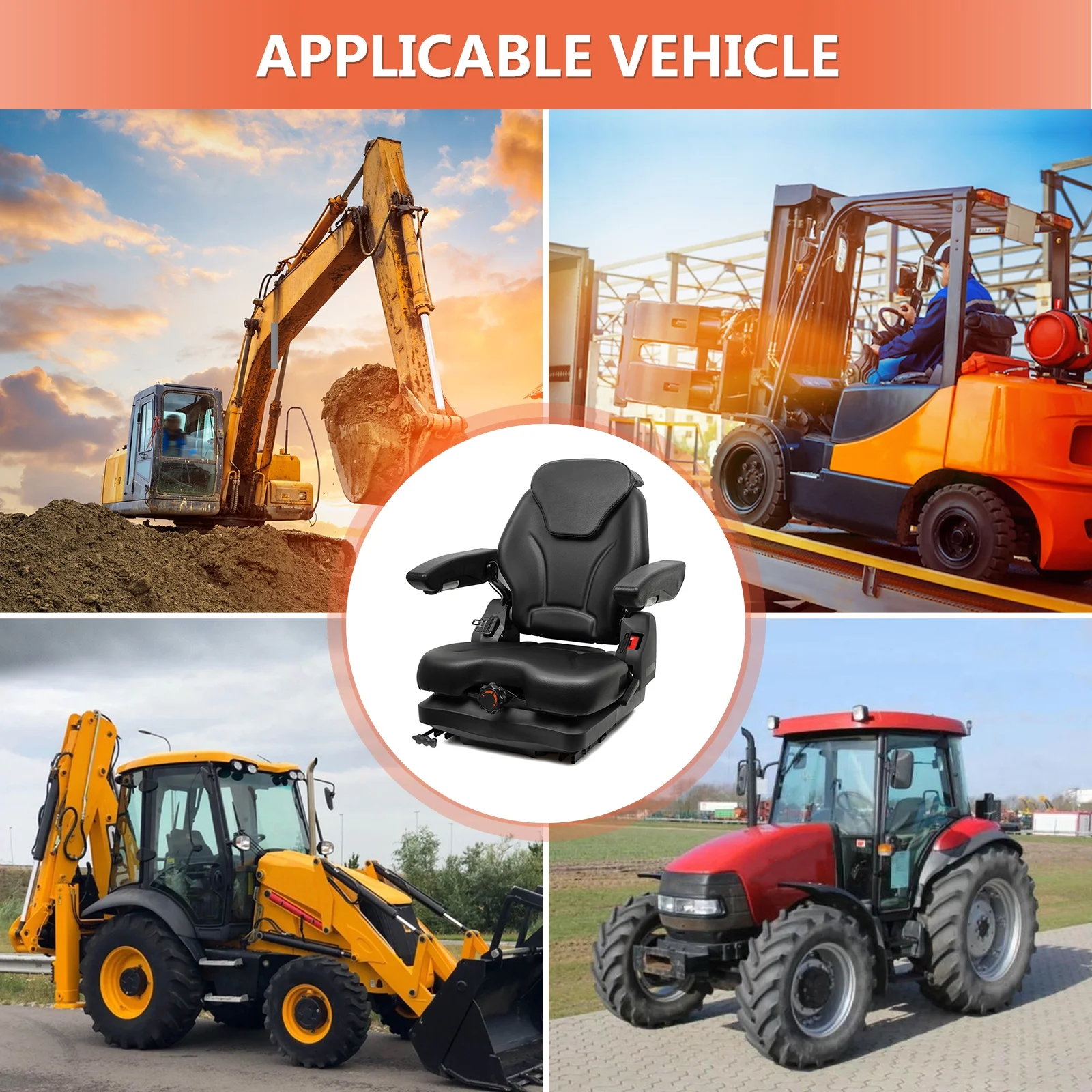Highback Low Suspension Tractor Seat,Adjustable Backrest Headrest and Slide Rails Forklift seat,Adjustable Armrests Shock Absorber Heavy Duty for Excavator Harvester - Image 7