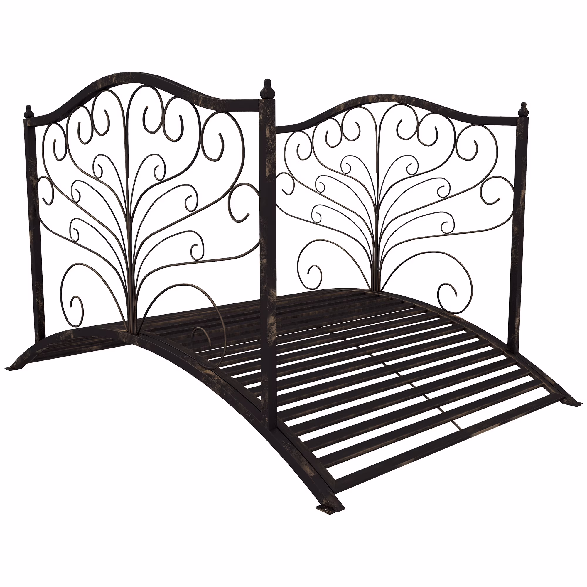 Homiyad Garden Bridge 4�?Metal Arch with Scrollwork & Safety Rails Easy Assembly Black Bronze | Aosom.com