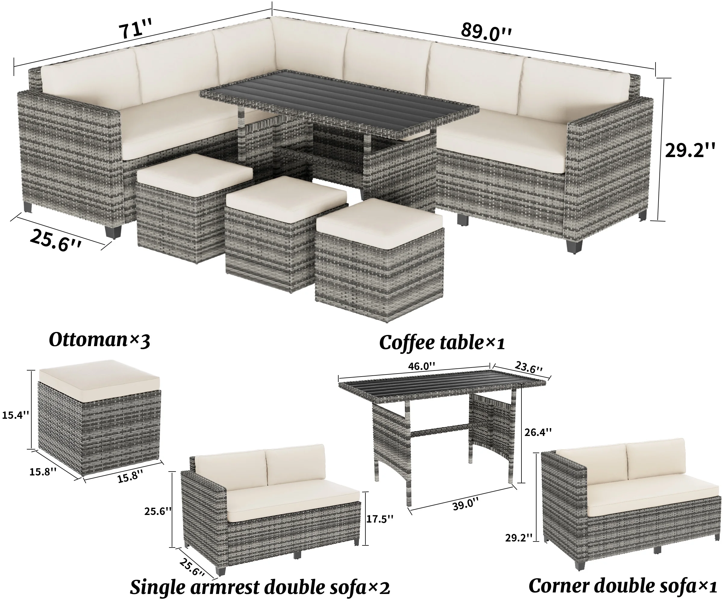 Bifanuo 7 Piece Patio Furniture Set, Outdoor Furniture Patio Sectional Sofa, All-Weather PE Rattan Outdoor Sectional with Beige Cushions and Table, Black Wicker