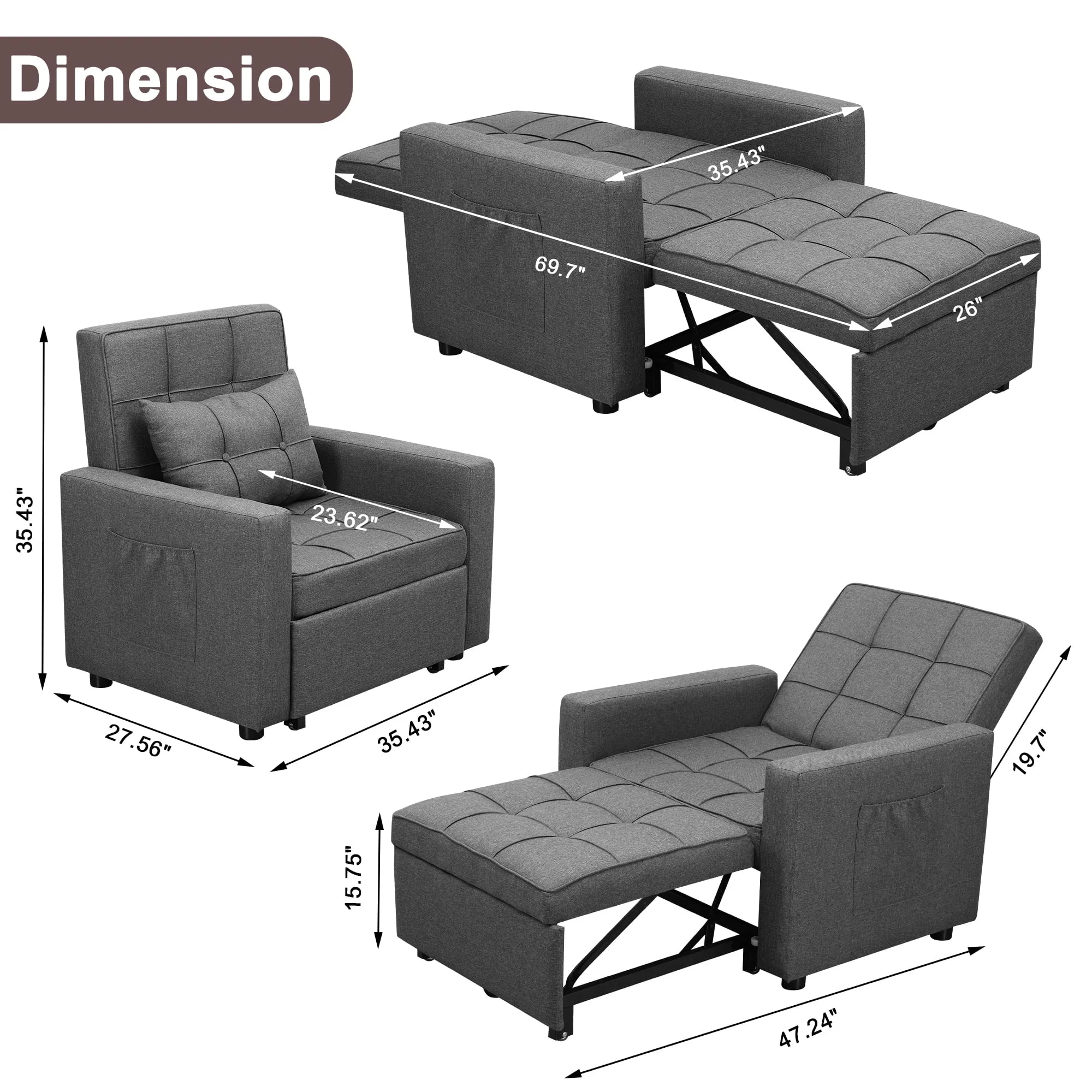 Tolead 3 - in - 1 Convertible Sofa Bed Sleeper Chair with Adjustable Backrest, Gray