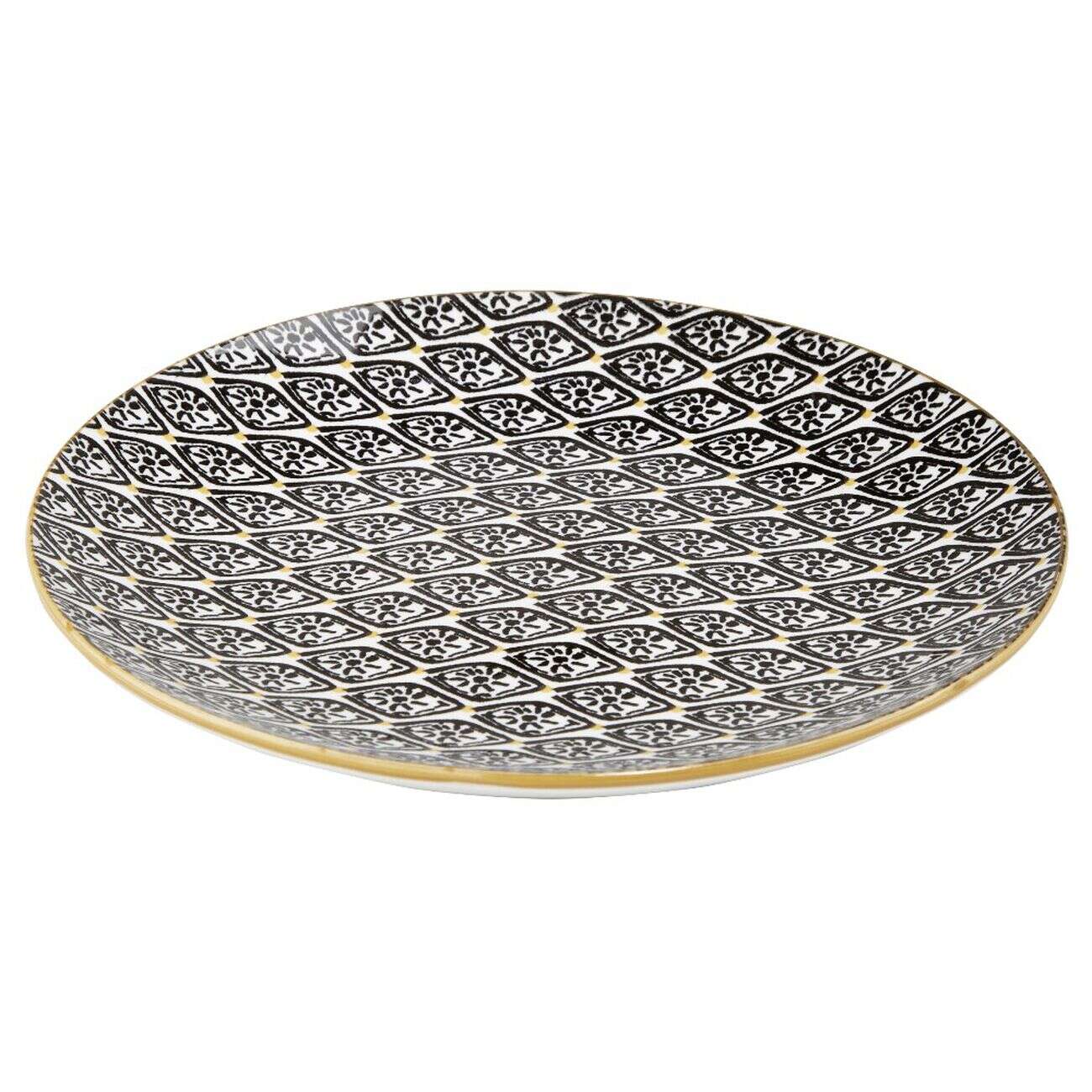 Assiette à dessert ronde Praia motif ethnique noir blanc jaune Ø19cm