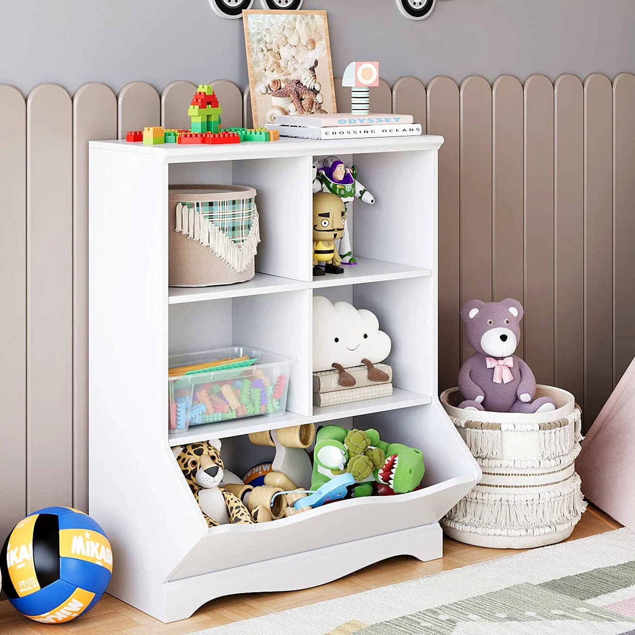 Kid's Cubby Toy Storage Cabinet, Wood Toy Organizer of 5 Bins, Children's White Bookcase, Toy Chest for Bedroom Living Room - Image 3