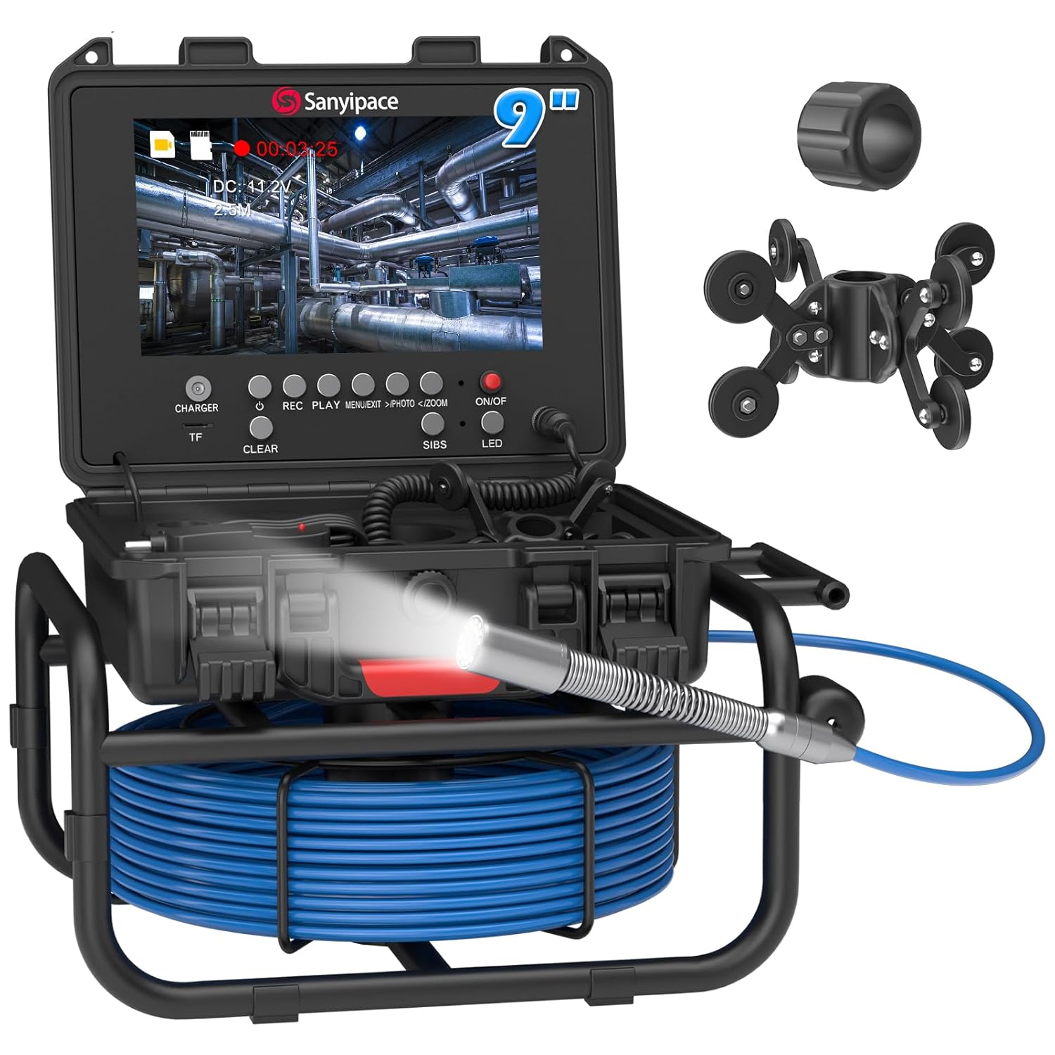 Caméra d'inspection des égouts Full HD de 30 mètres (100 pieds), 23 mm (0,9 pouce), zoom 5x, compteur de distance, écran IPS de 9 pouces, enregistreur vidéo et audio numérique, carte mémoire de 16 Go, adaptée aux canalisations d'égouts, tuyaux, condu