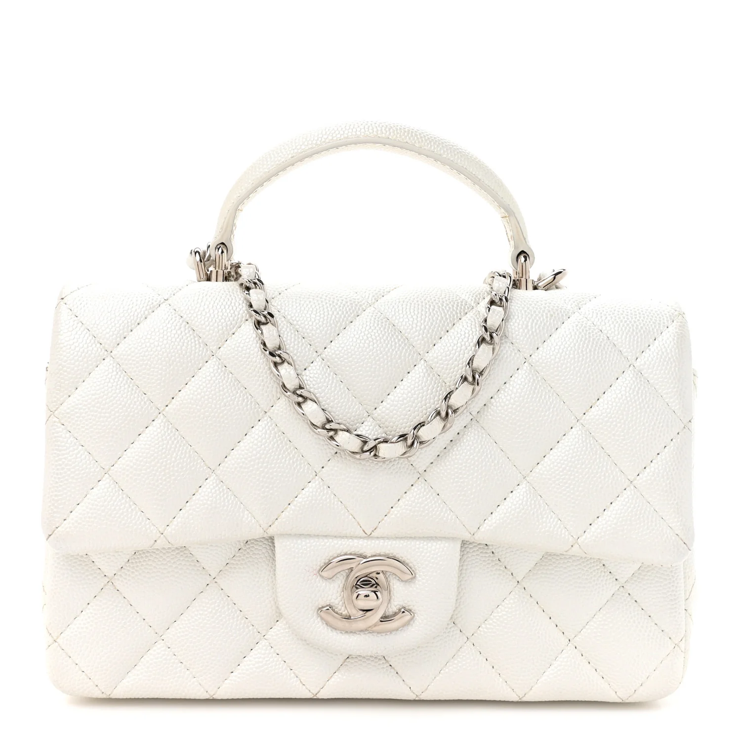 Metallic Caviar Quilted Mini Top Handle Rectangular Flap White