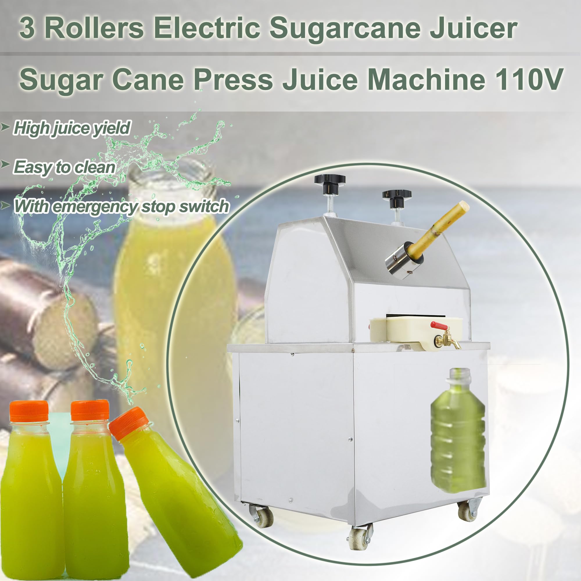 Sugar Cane Juicer Electric Sugarcane Juicer Machine Desktop Sugar Cane Press Juicer 3 Stainless Steel Rollers Sugarcane Juice Press Extractor 110V with Emergency Stop Switch and 2 Knives