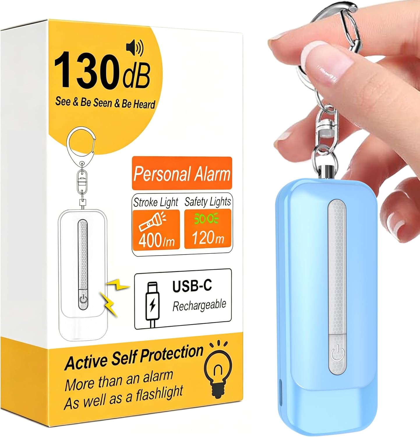 Personal Alarm for Women, Rechargeable with Safety Lights & Low Battery Notice, 130dB Siren with Extra Bright LED Flashlight Strobe Light for Emergency, Dual Light Sources Safety Keychain