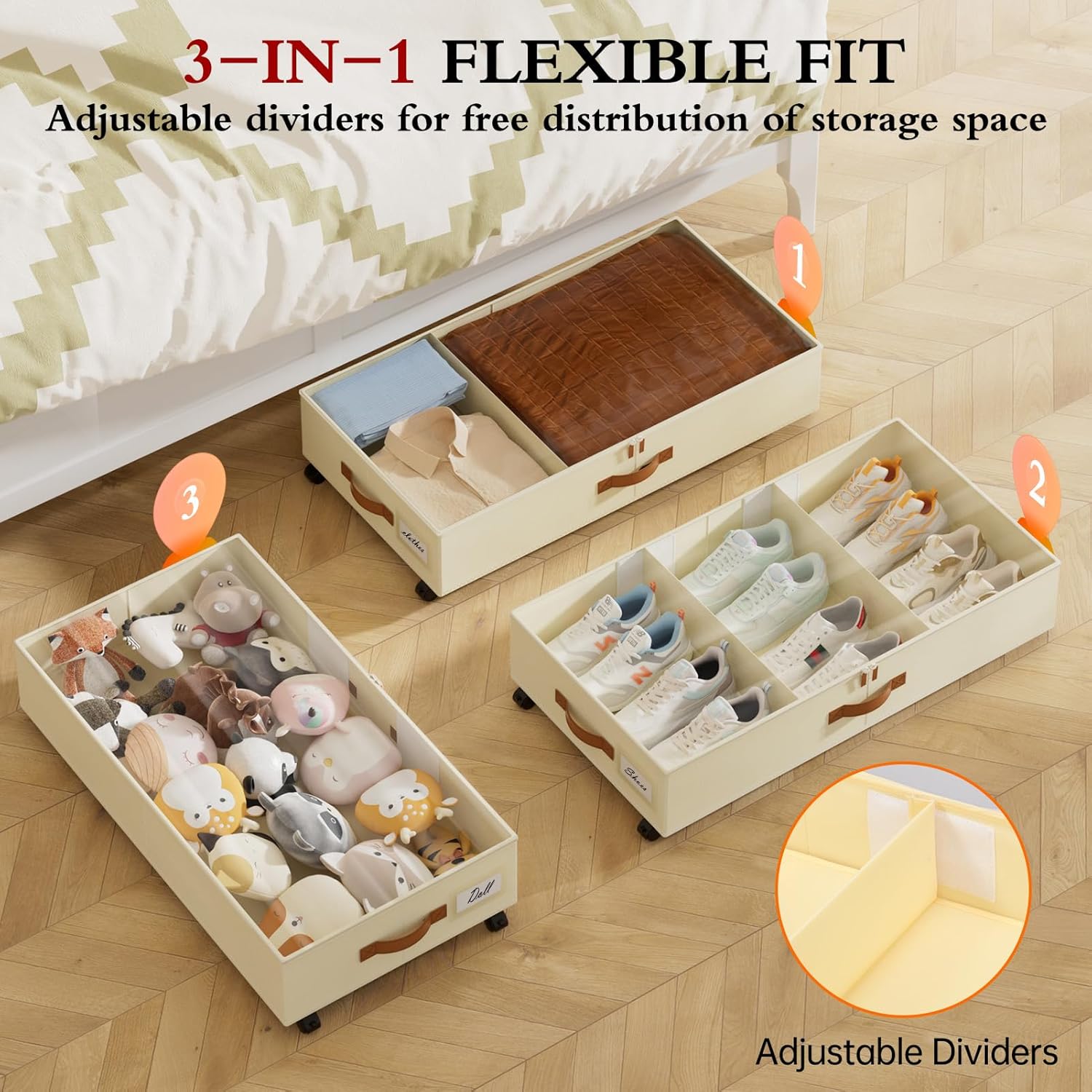 Yecaye Under Bed Storage with Wheels, 2 Pack Under Bed Storage Containers with Adjustable Dividers & Clear Lid, Rolling Underbed Organizer Bins Drawer for Clothes, Shoes, Blankets (30.3 x 16 x 6.7in)