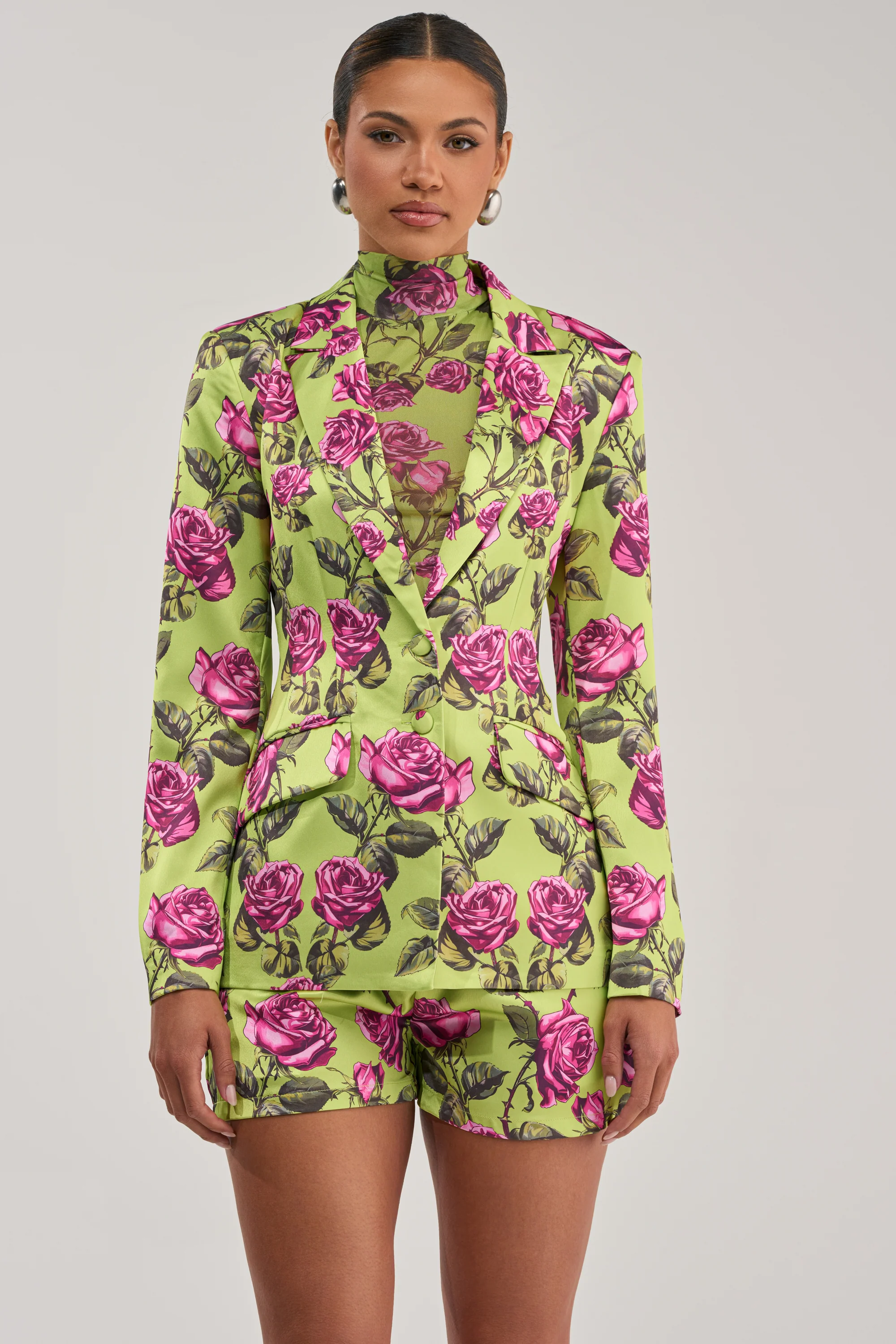 DOZEN ROSES SATIN BLAZER IN CHARTREUSE - Akira Store