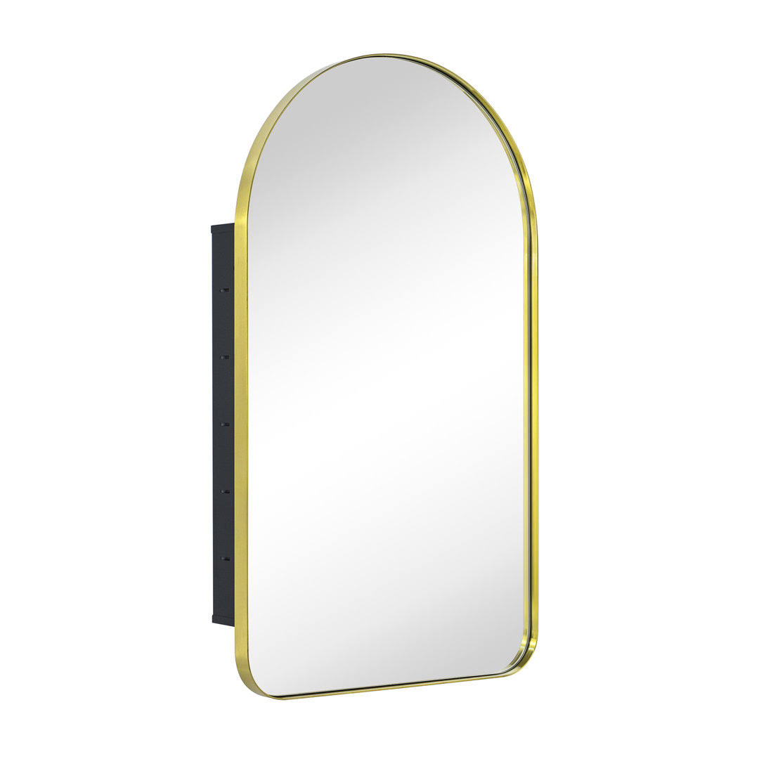 Ebern Designs 13997AC1FAC94CF7A69E098E620EEEFA Aristes Metal Recessed Framed Medicine Cabinet with 2 Adjustable Shelves Finish: Brushed Gold