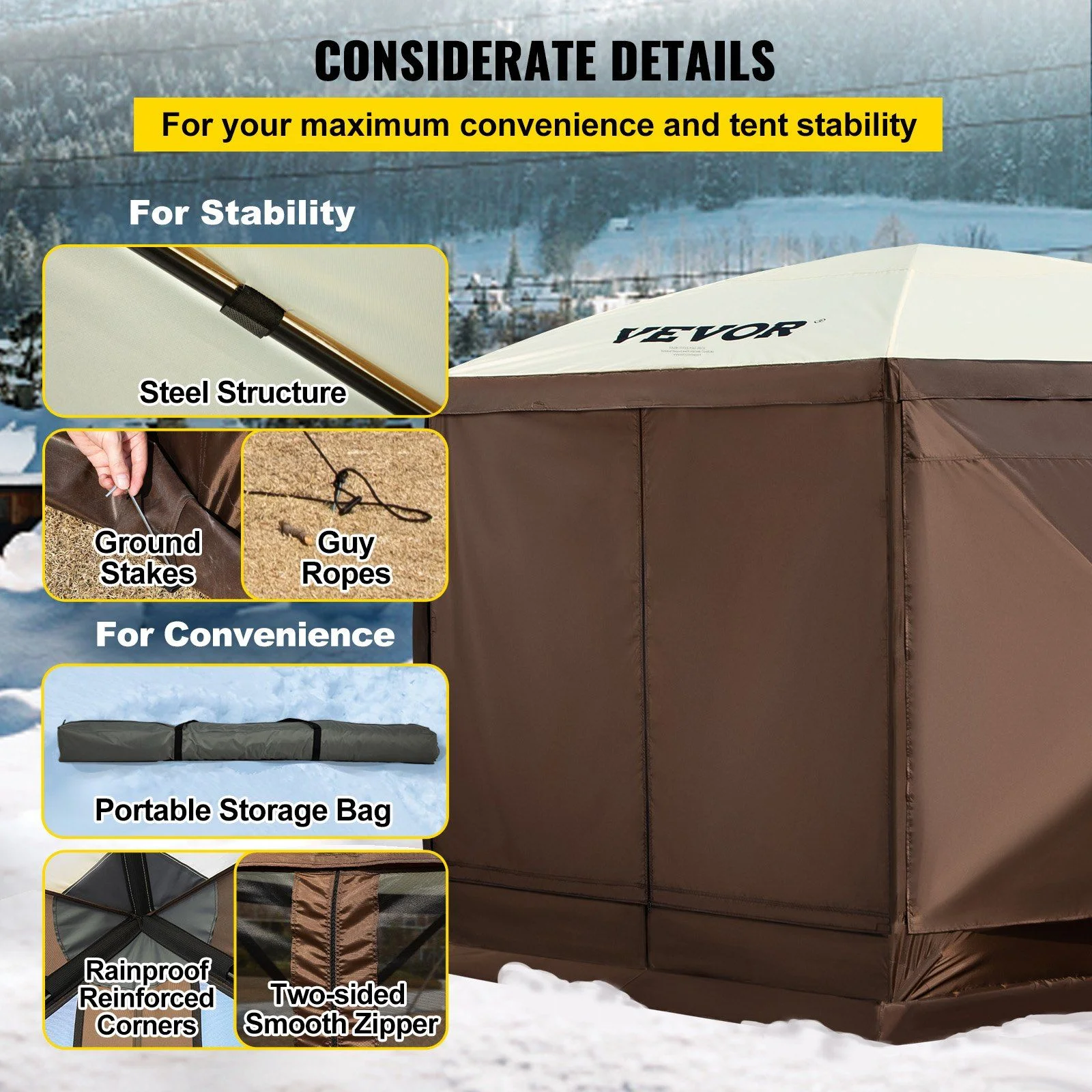 Quick Setup 12x12 Foot Gazebo Tent, 6-Sided Canopy with Mesh Screens Carry Bag �?Sun Shade Shelter for Outdoor Events, Backyard, Picnic (Beige/Brown) - Image 6