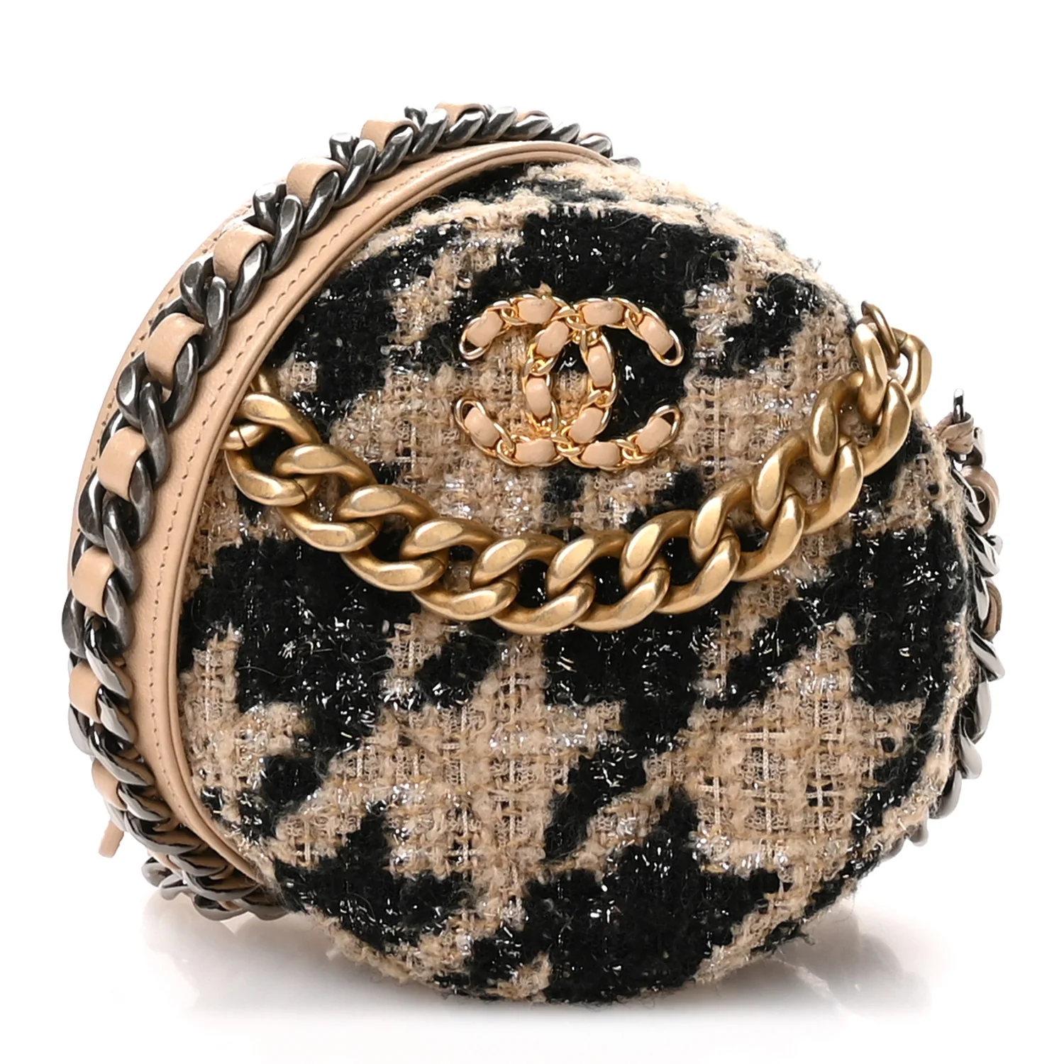 Wool Tweed Lambskin Quilted Chanel 19 Round Clutch With Chain and Coin Purse Beige Black