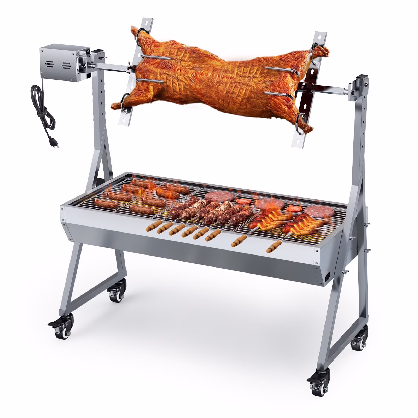 Ecojoy Rotisserie Grill Roaster, 132 lb Charcoal Grill Outdoor BBQ Grill Pig Lamb Spit Roaster with 25W Motor and Hand Crank