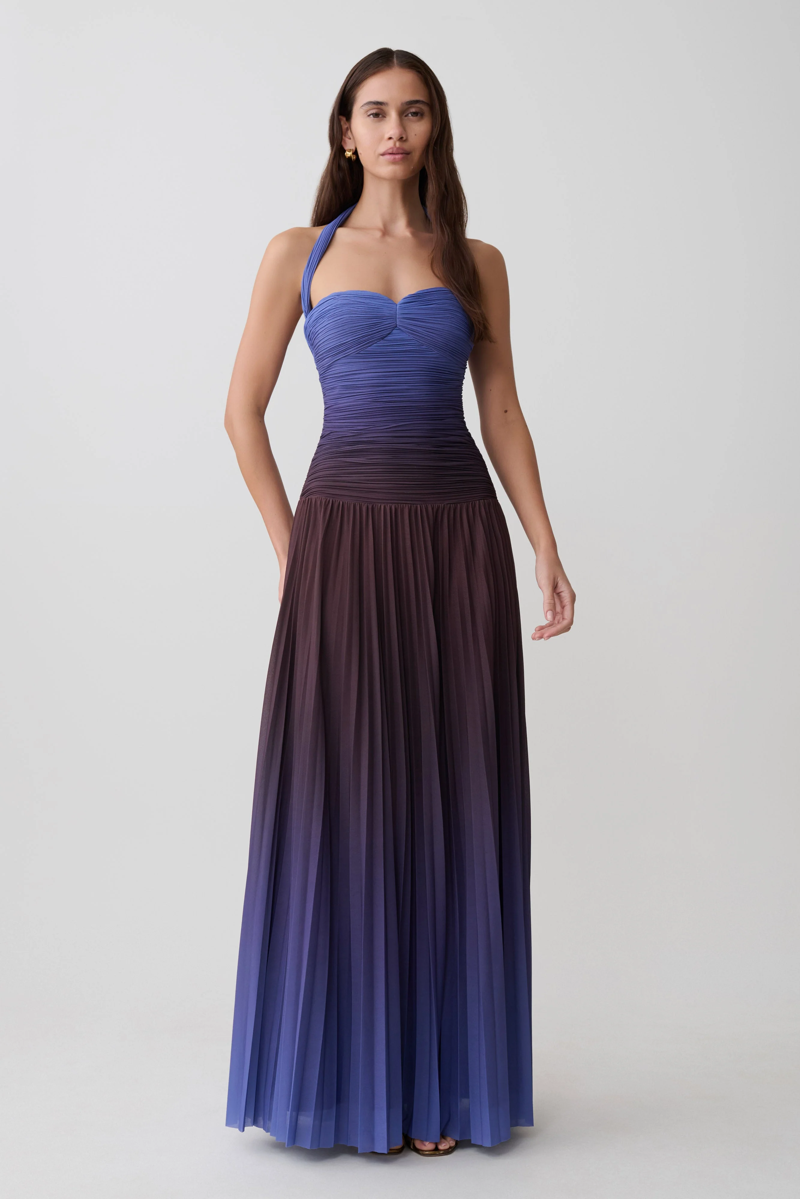 Azizi Pleated Halter Midi Dress - Chocolate & Blue Ombre Print