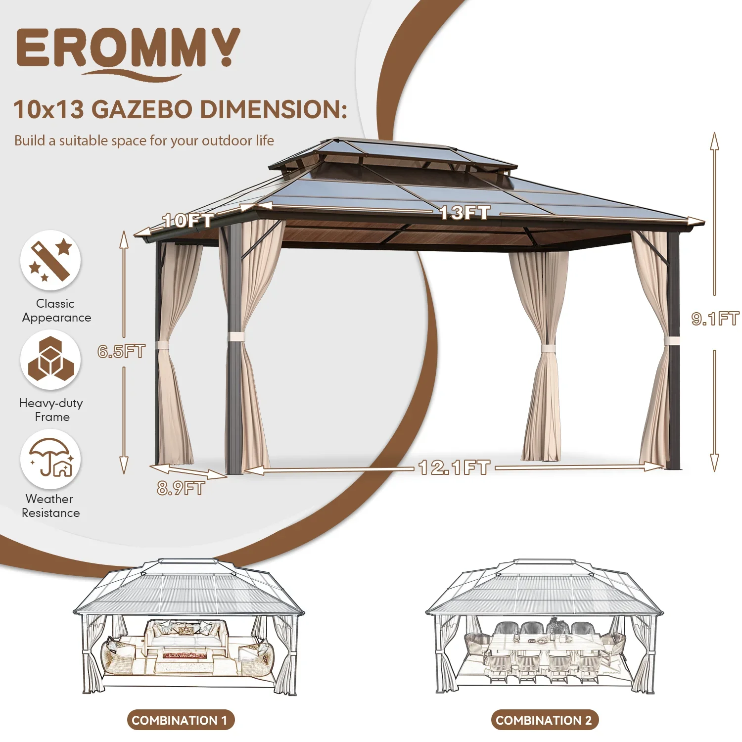 EROMMY 10'x13' Patio Gazebo Double Roof Hardtop Gazebo Canopy  Aluminum Furniture with Netting for Garden,Patio,Lawns,Parties