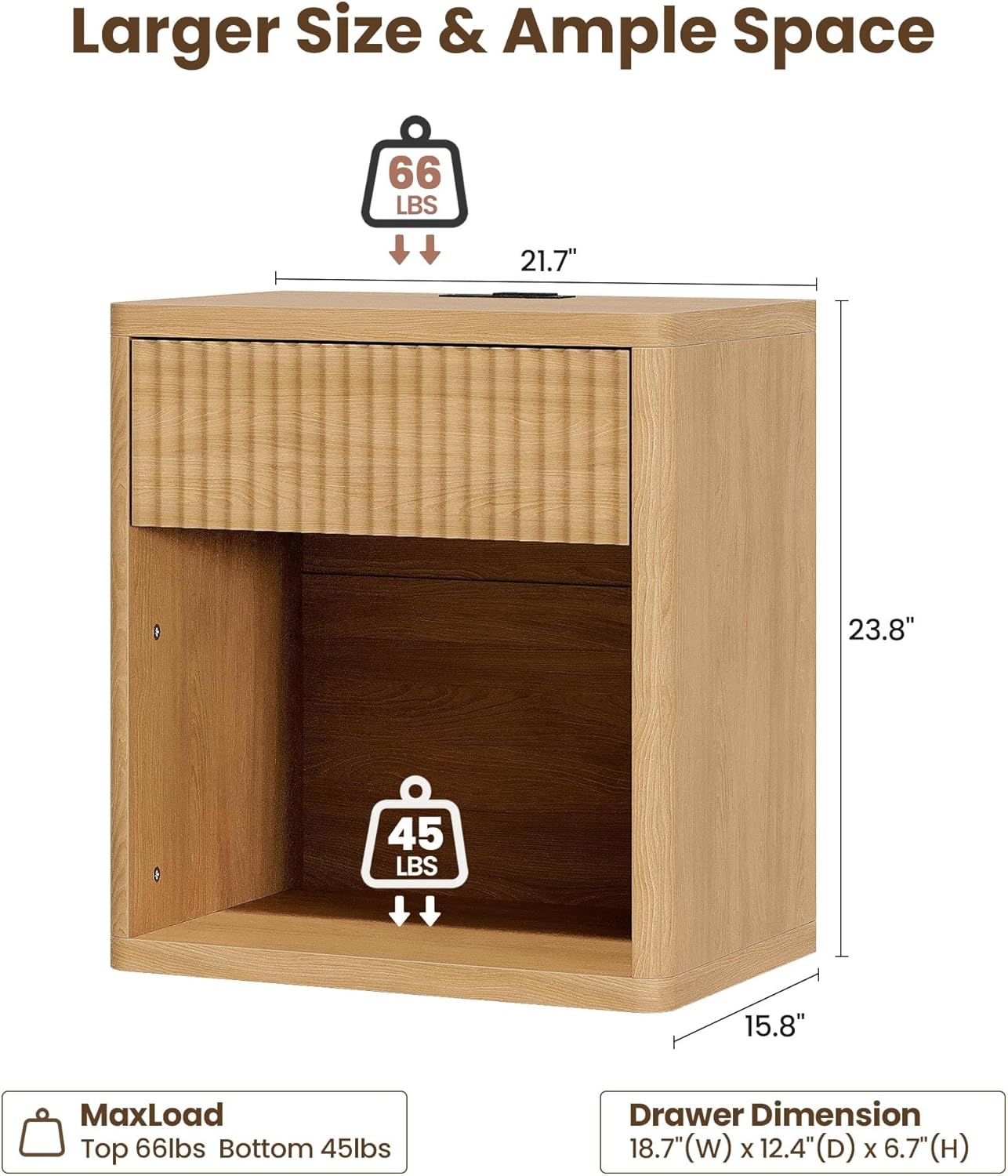 Fluted Nightstand Set of 2 with Charging Station, 21.7