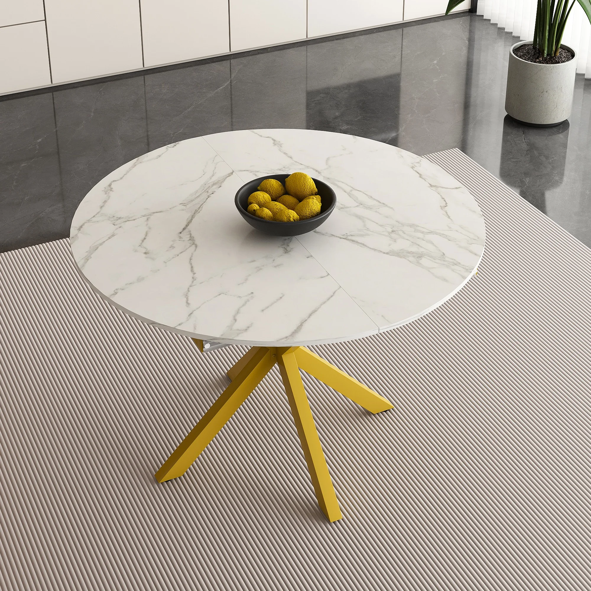 UHOMEPRO Extendable Dining Table with Extendable Blades, Modern Round Kitchen Table with Faux Marble Tabletop, Single Dining Room Table with Carbon Steel X - Shaped Base for Dining Room, White+Gold