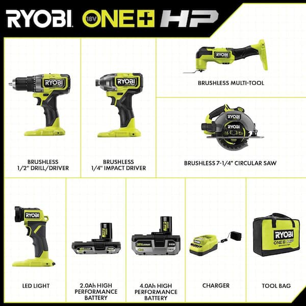 ONE+ HP 18V Brushless Cordless 5 Tool Combo Kit with 4 0 Ah and 2 0 Ah HIGH PERFORMANCE Batteries, Charger, and Bag Image 2