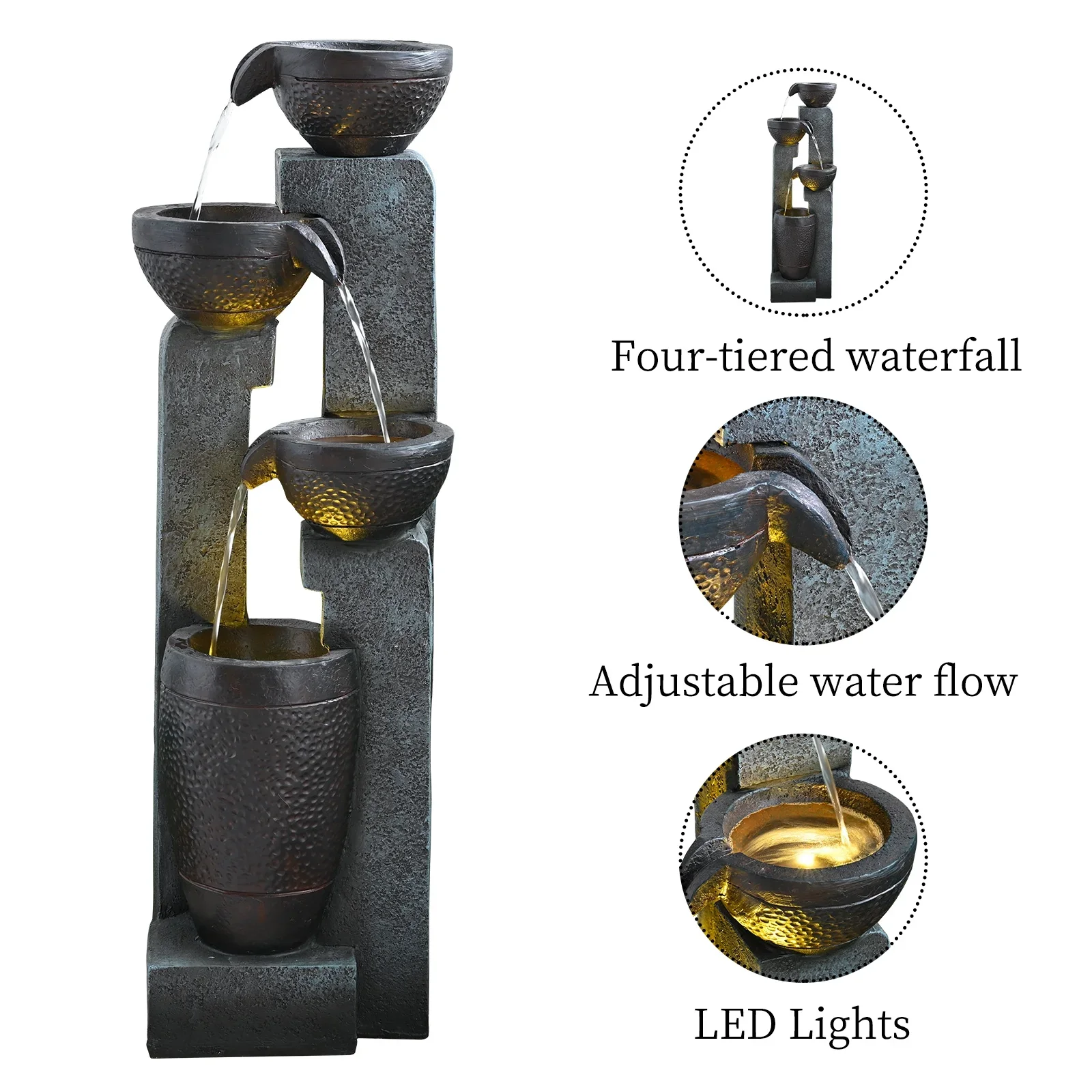 40 inch Water Fountain Outdoor&Indoor 4-Tiers Large Patio Decor Garden with LED Light&Pump