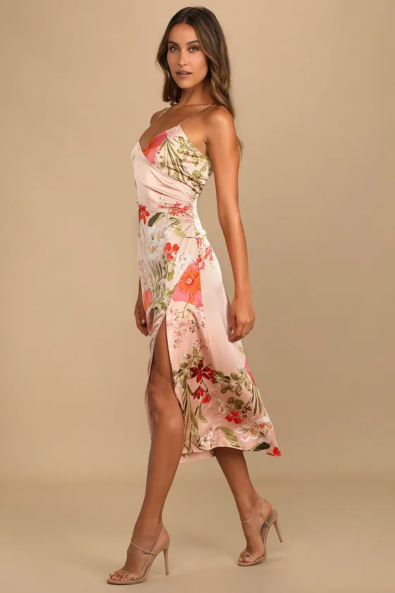 Remarkable Entrance Pink Floral Print Satin Midi Dress