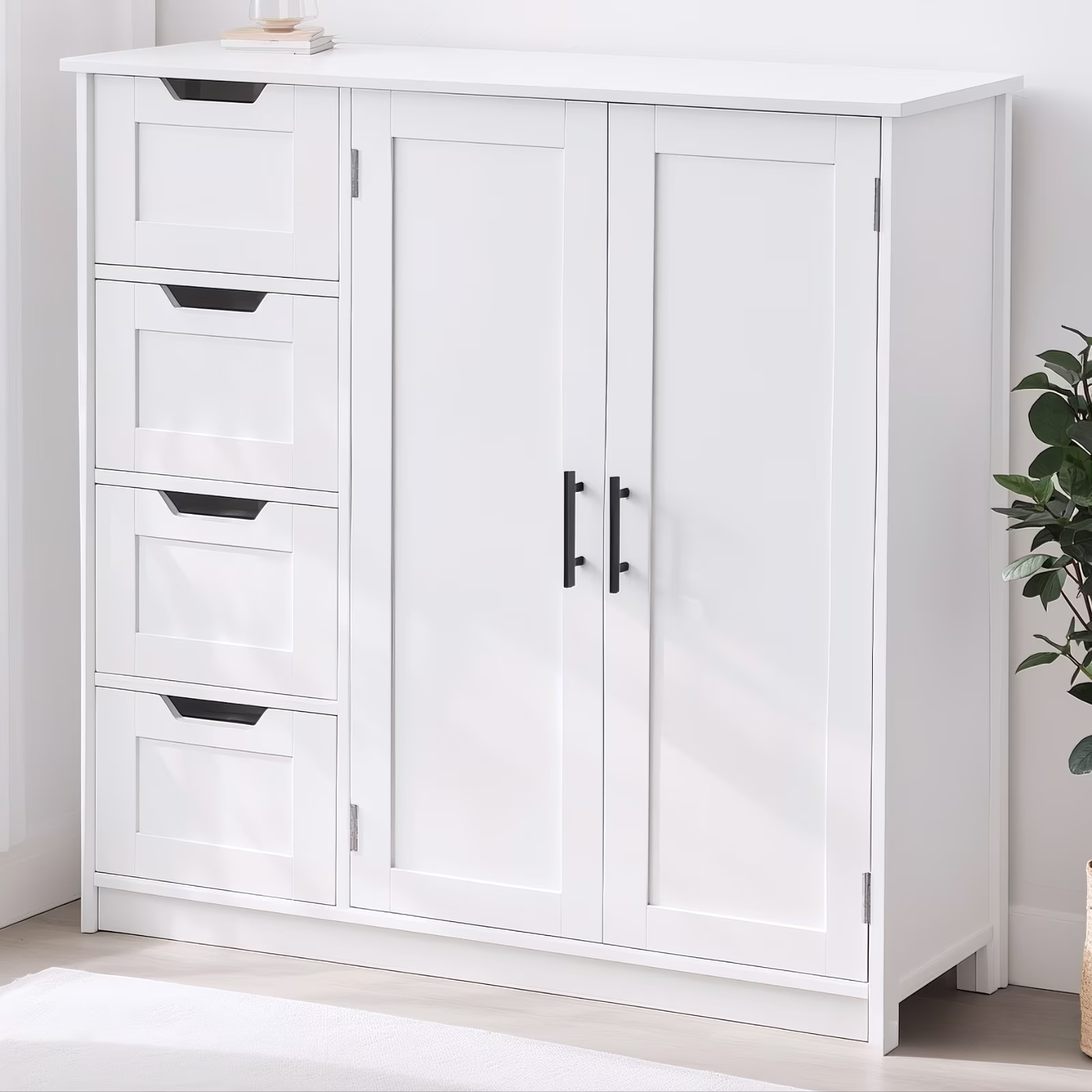 Wooden Bathroom Floor Cabinet with 4 Drawers 1 Cupboard for Living Room Entryway, White(White 4 Drawers)