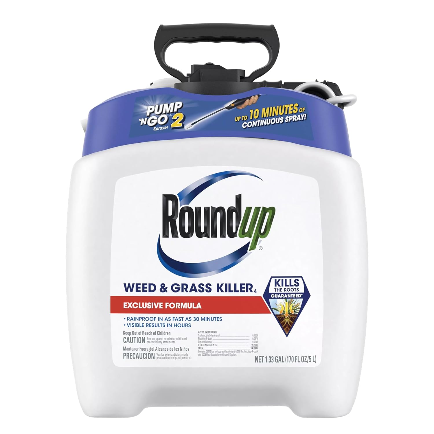 Roundup Weed & Grass Killer4 with Pump 'N Go 2 Sprayer, 1.33 gal| Weed Killer, Use In and Around Flower Beds and Driveways, Visible Results in Hours, Up to 10 Minutes of Continuous Spray