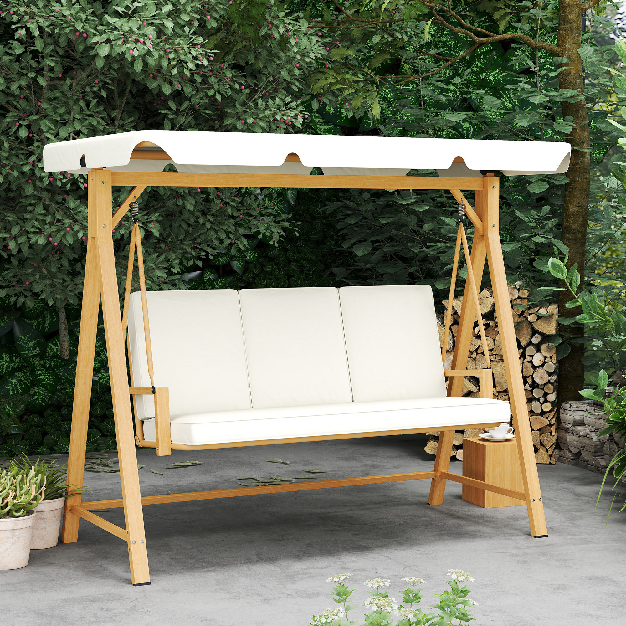 Outsunny Tuinschommel met Verstelbaar Zonnedak en Gewatteerde Zitting, 3-zits tot 330kg, 198 x 120 x 170cm, Beige