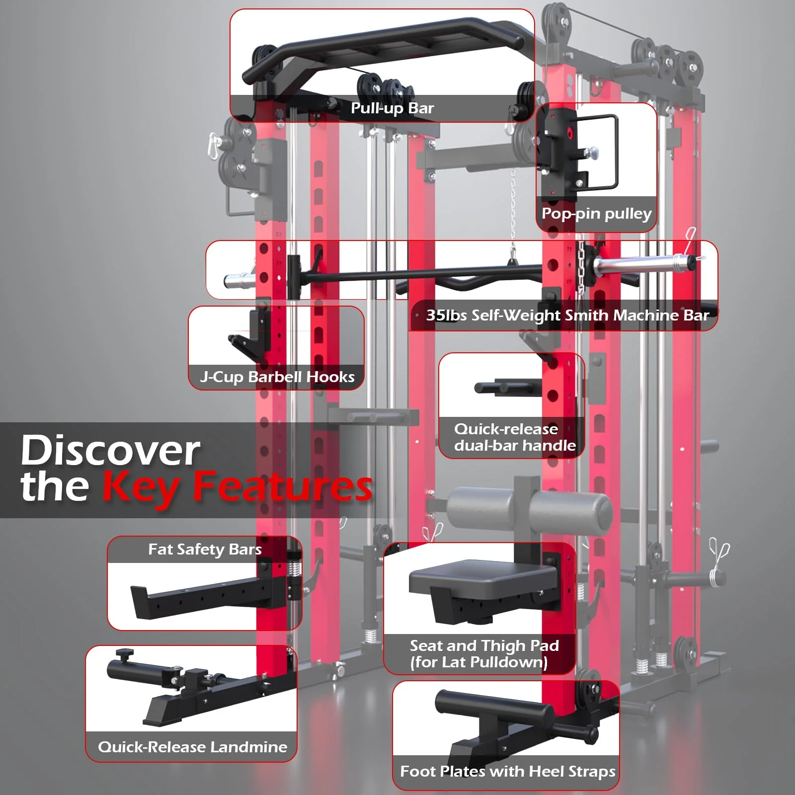 AECOJOY Smith Machine Power Squat Rack Cage, 2000lbs Crossover Machine with LAT Pulldown Strength Training Power Cages