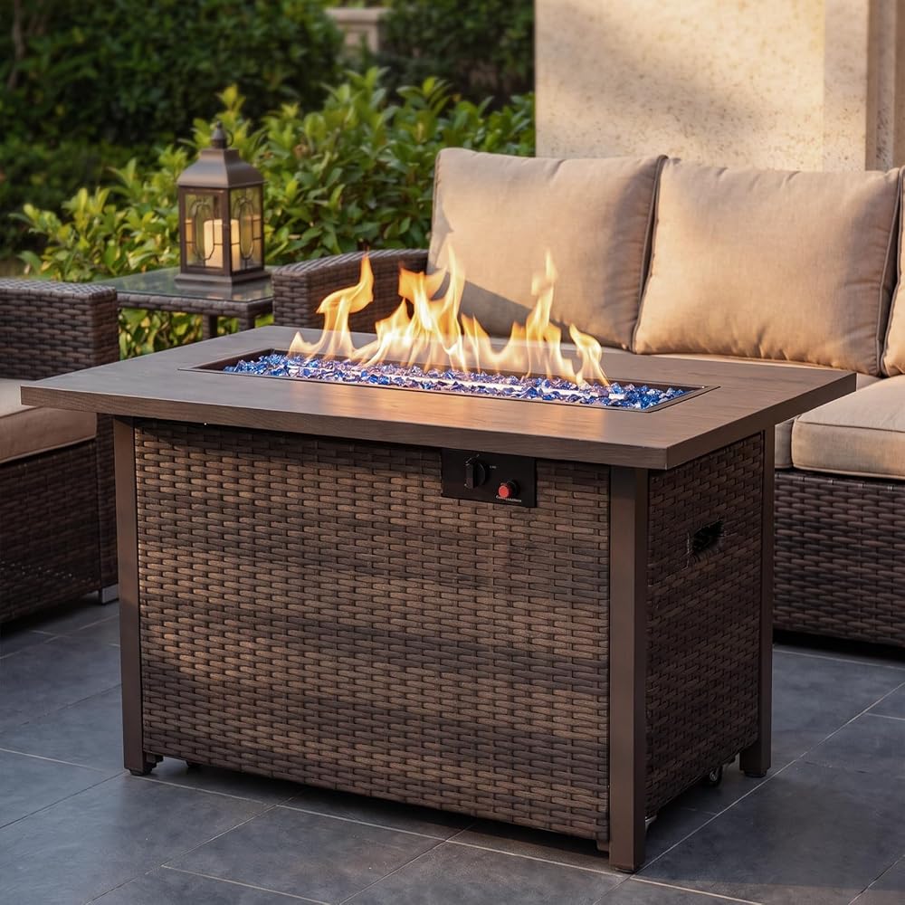 42in Propane Fire Pit 50,000 BTU Gas Fire Pit Table Rectangle Gas,Outdoor 3-in-1 Fire Table for Patio,Yard,Balcony Rattan Frame Gray Tabletop