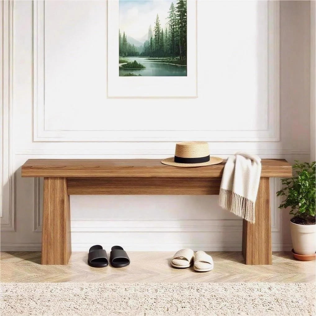 48" Wooden Two Person Backless Entryway Bench with Under Bench Storage for Outdoor Garden, Living Room, Bedroom, Dining Room, Hallway(Brown) - Image 6