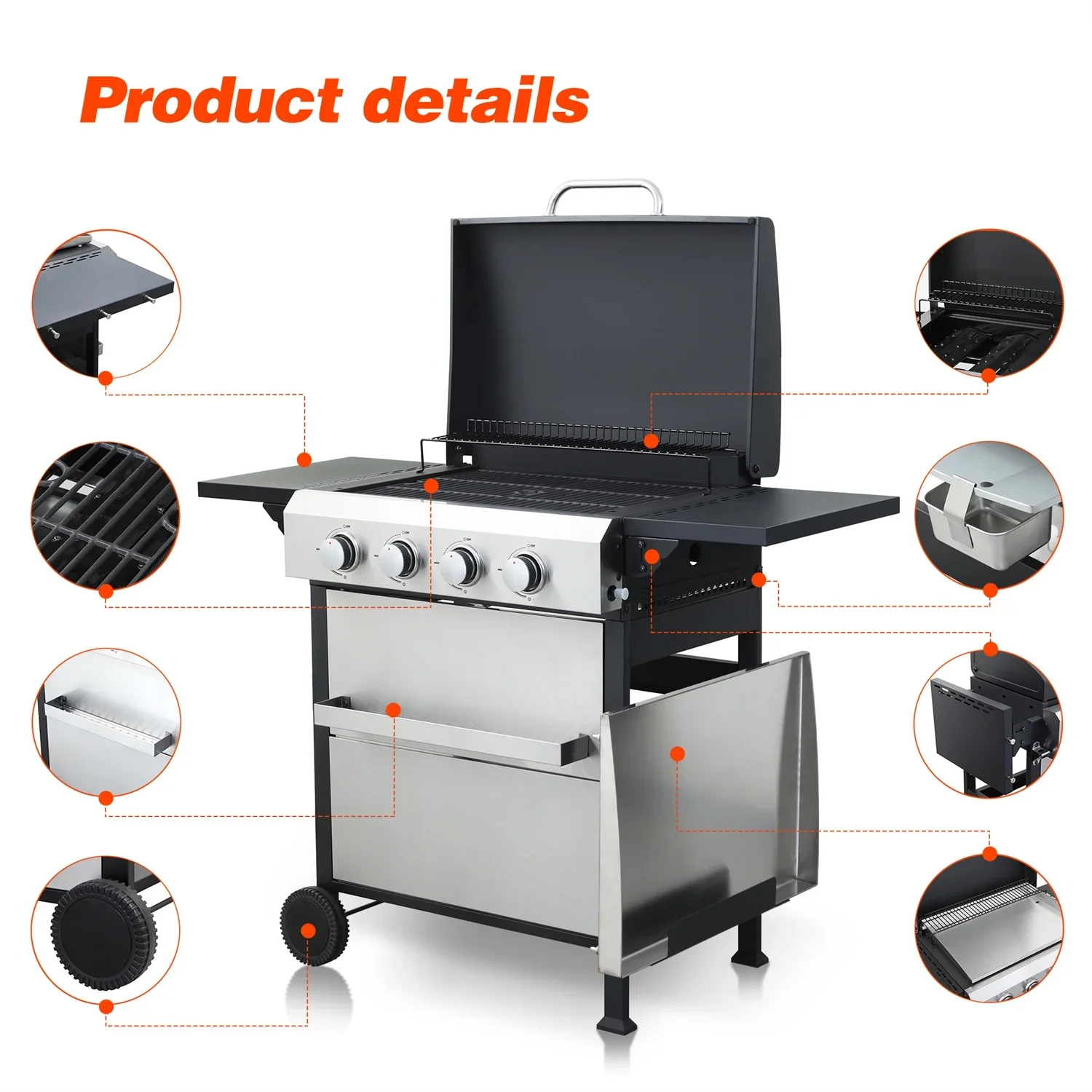 HighSound 2-Burner Propane Gas Grill, 24600 BTU Patio Garden Barbecue Grill with Stainless Steel Tray, Wire Enamel Cooking Grids & Foldable Shelves, Black