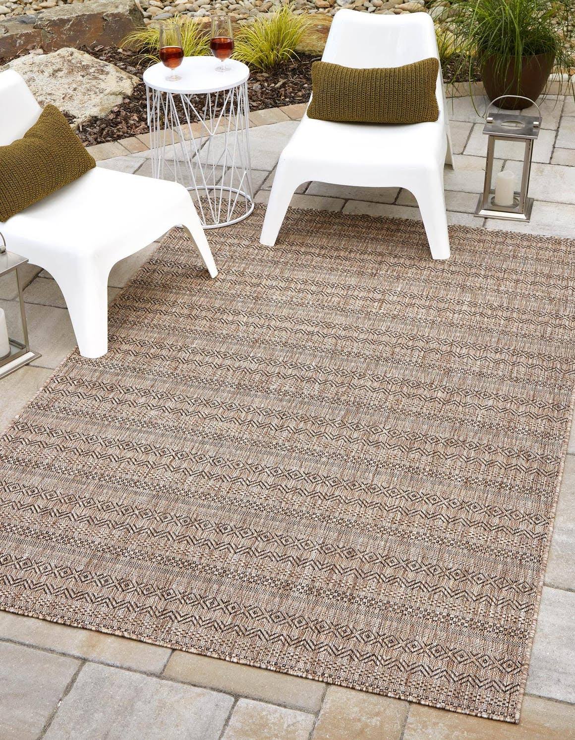 Outdoor Striped 3x5 Natural Floral Area Rug Indoor Outdoor Rug
