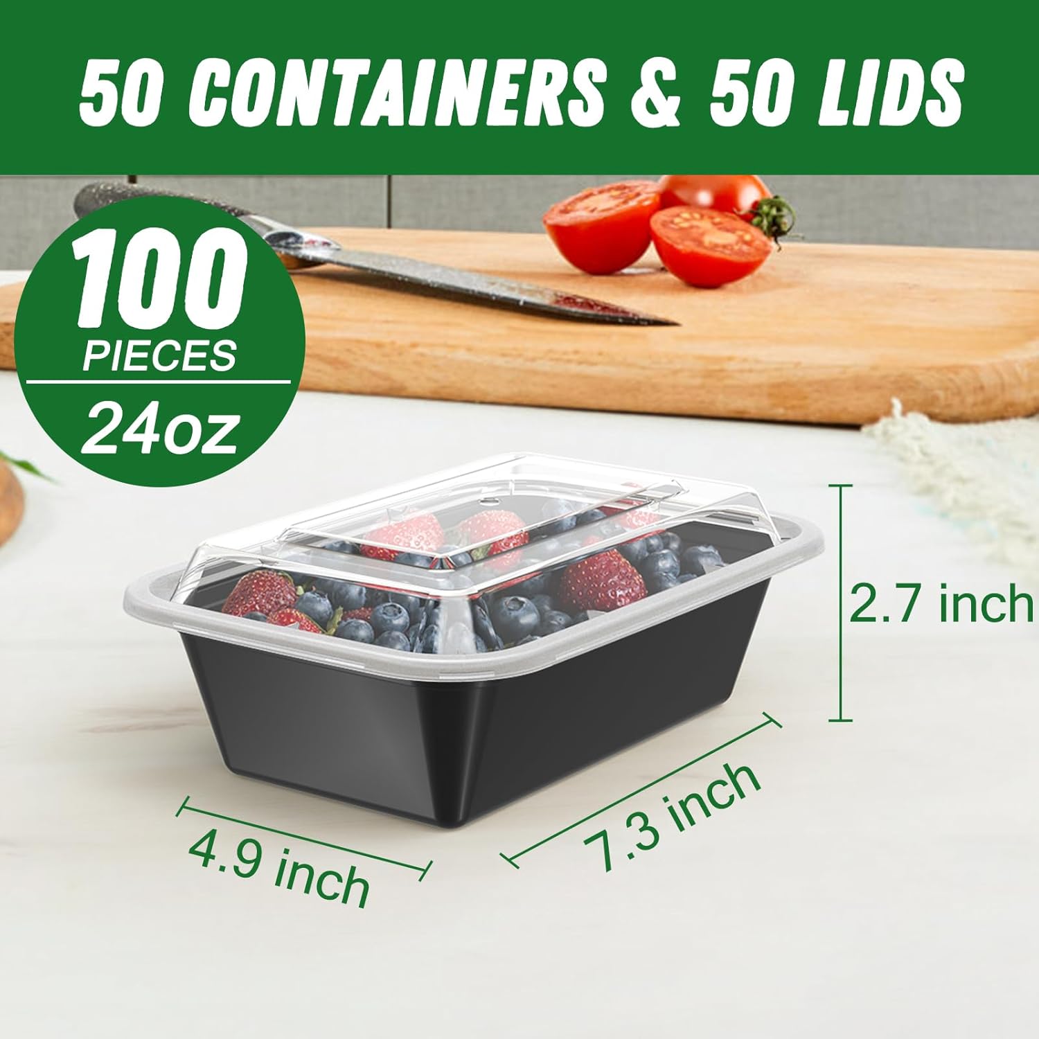 Dealusy 50 Pack (100-Piece) 24 oz Reusable Meal Prep Containers with Lids